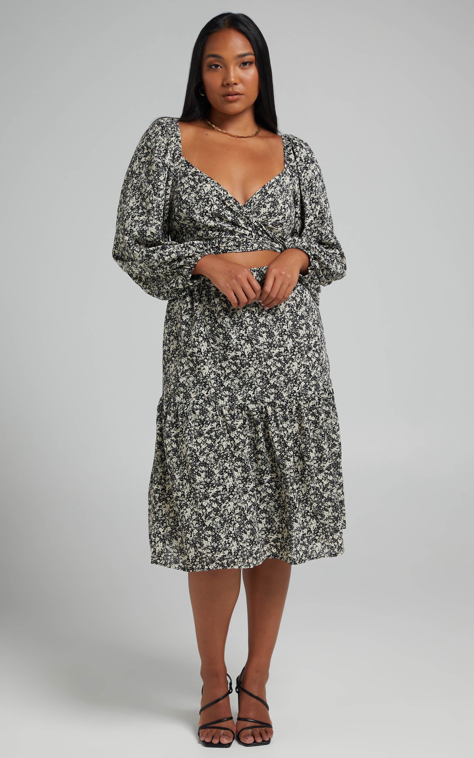 Laiken Long Sleeve Cut Out Midi Dress in Black Floral
