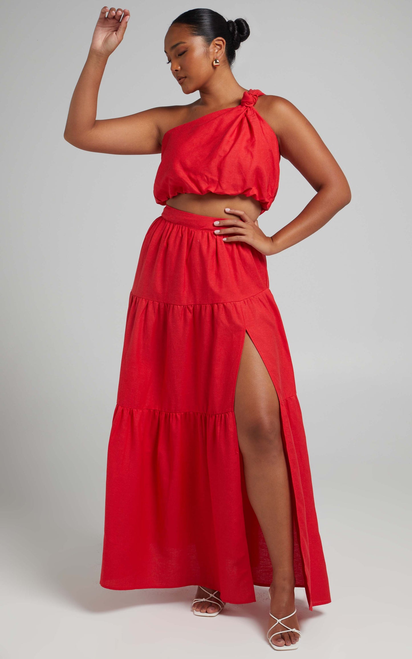 Aerilyn Two Piece Set - Linen One Shoulder Crop Top and Midi Skirt Set in Red
