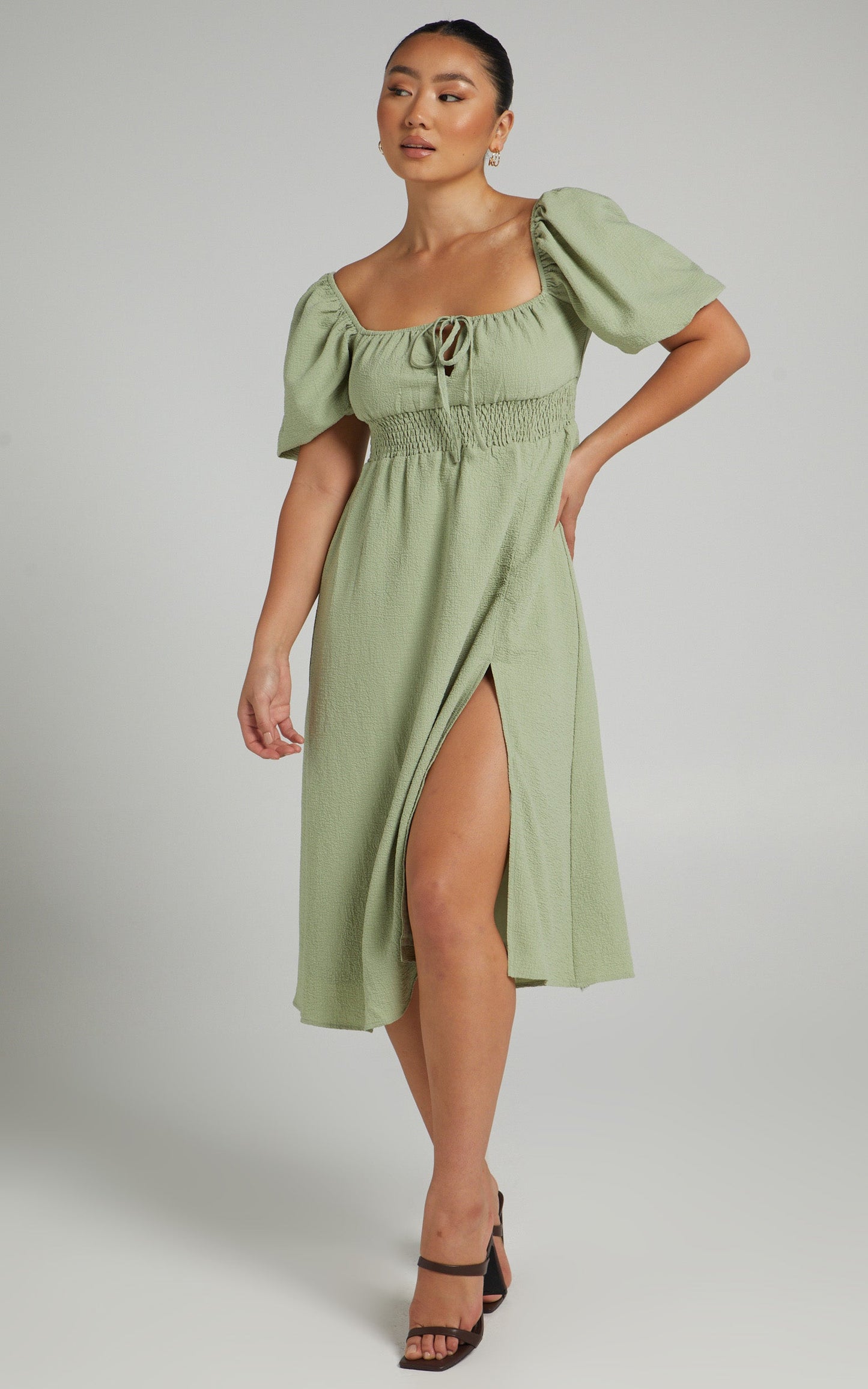 Yanet Midi Dress - Shirred Puff Sleeve Dress in Sage