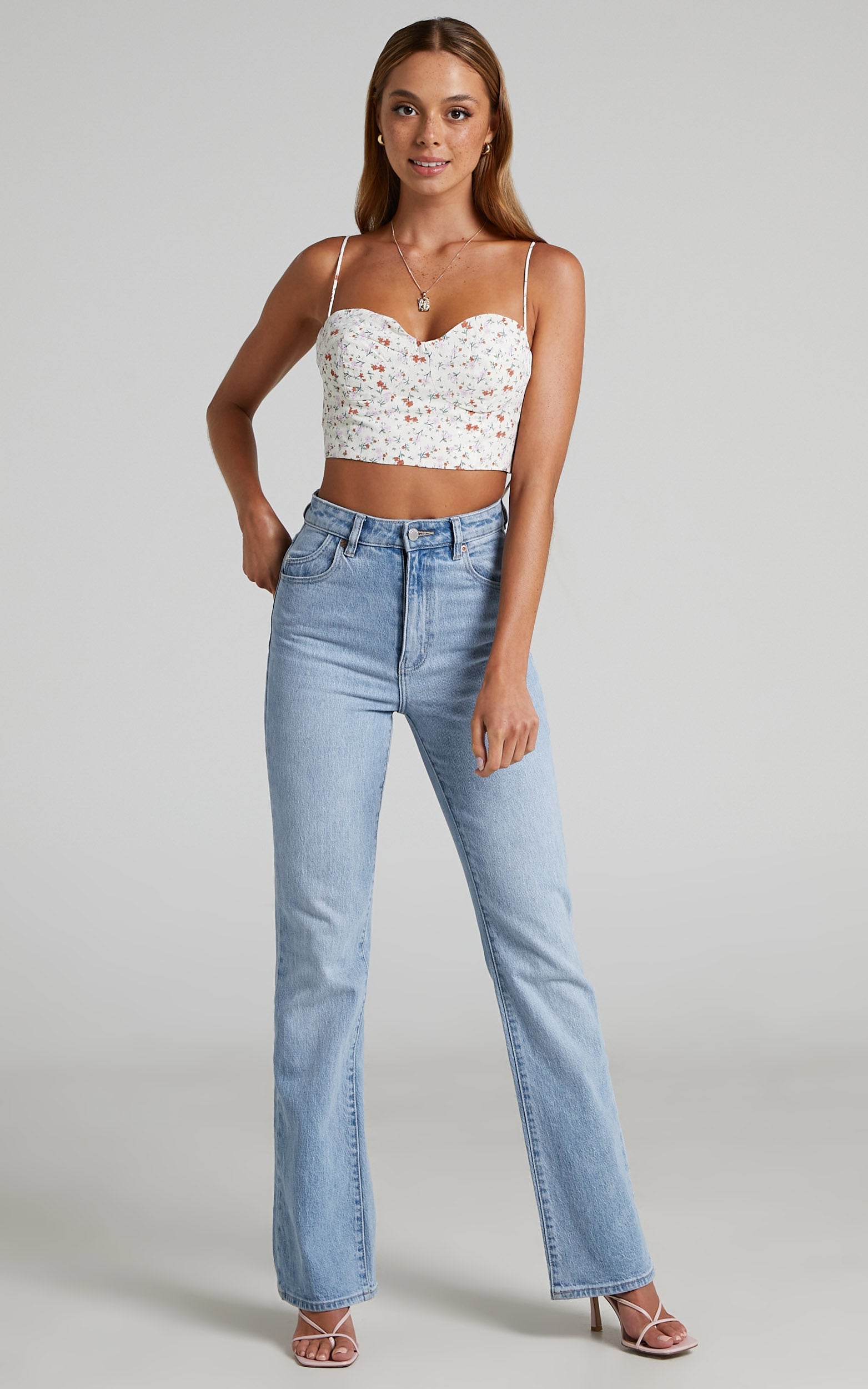Rosalinda Top - Sweetheart Tie Strap Crop Top in Rosalinda Cream Floral