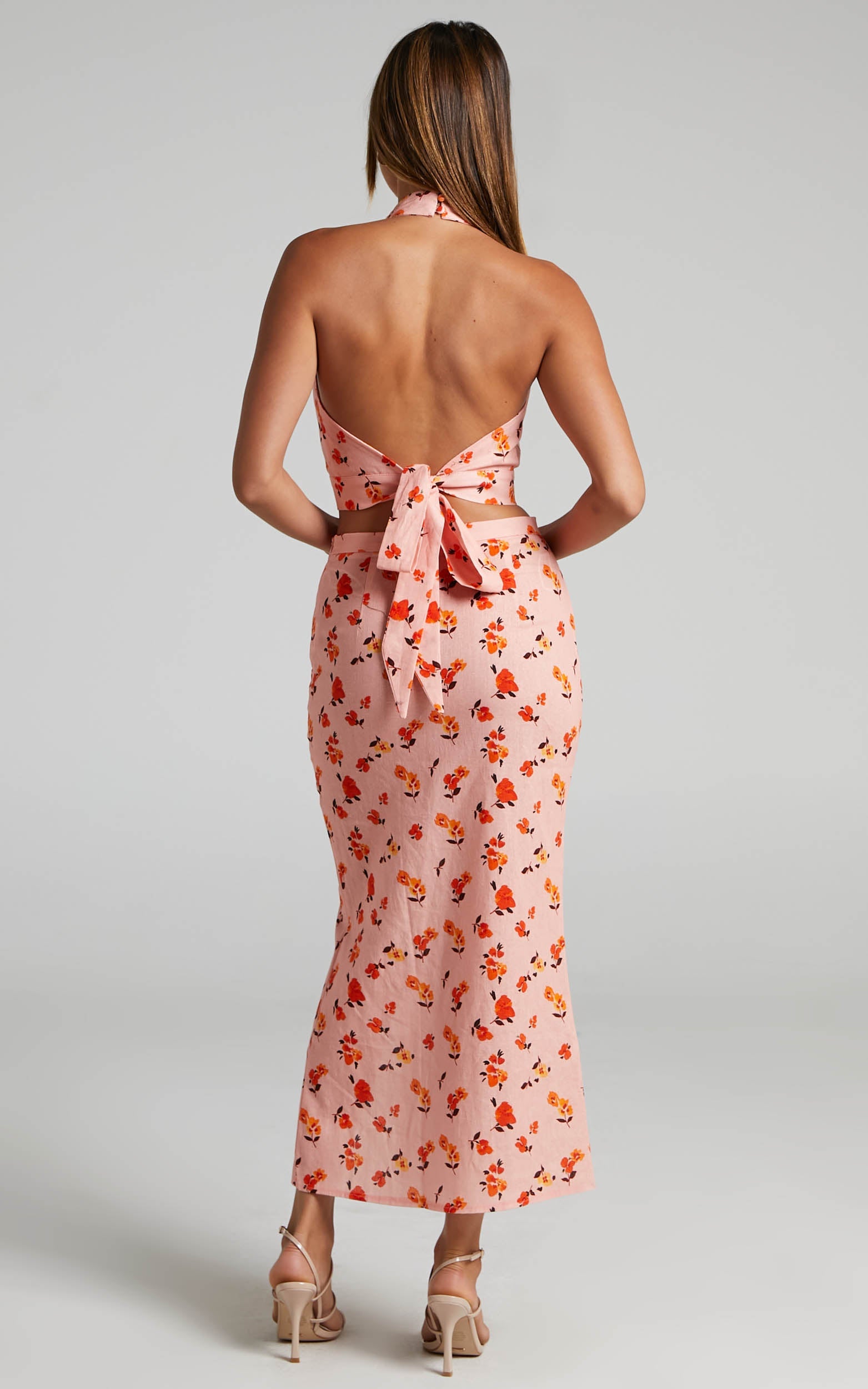 Rosini Halter Two Piece Set - Linen Crop Top and Side Split Midi Skirt in Pink Floral