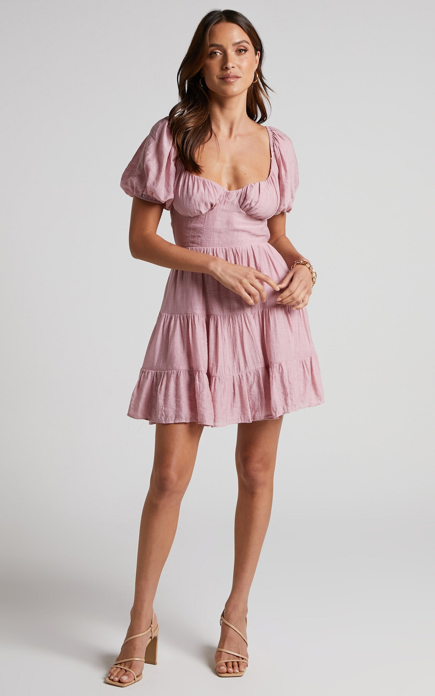 Shayna Mini Dress - Open Back Puff Sleeve Tiered Dress in Pink