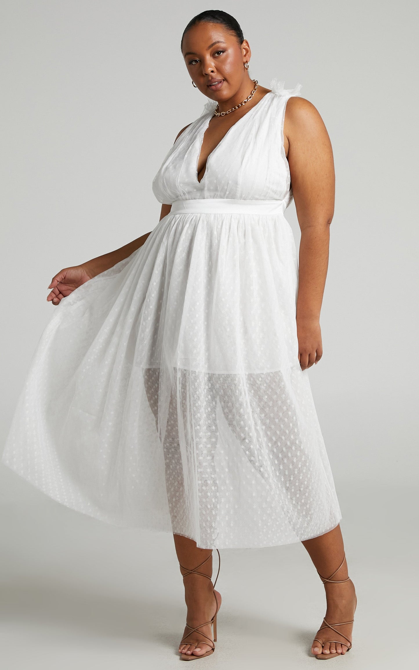 Xenia Midi Dress - Plunge Tulle Dress in White