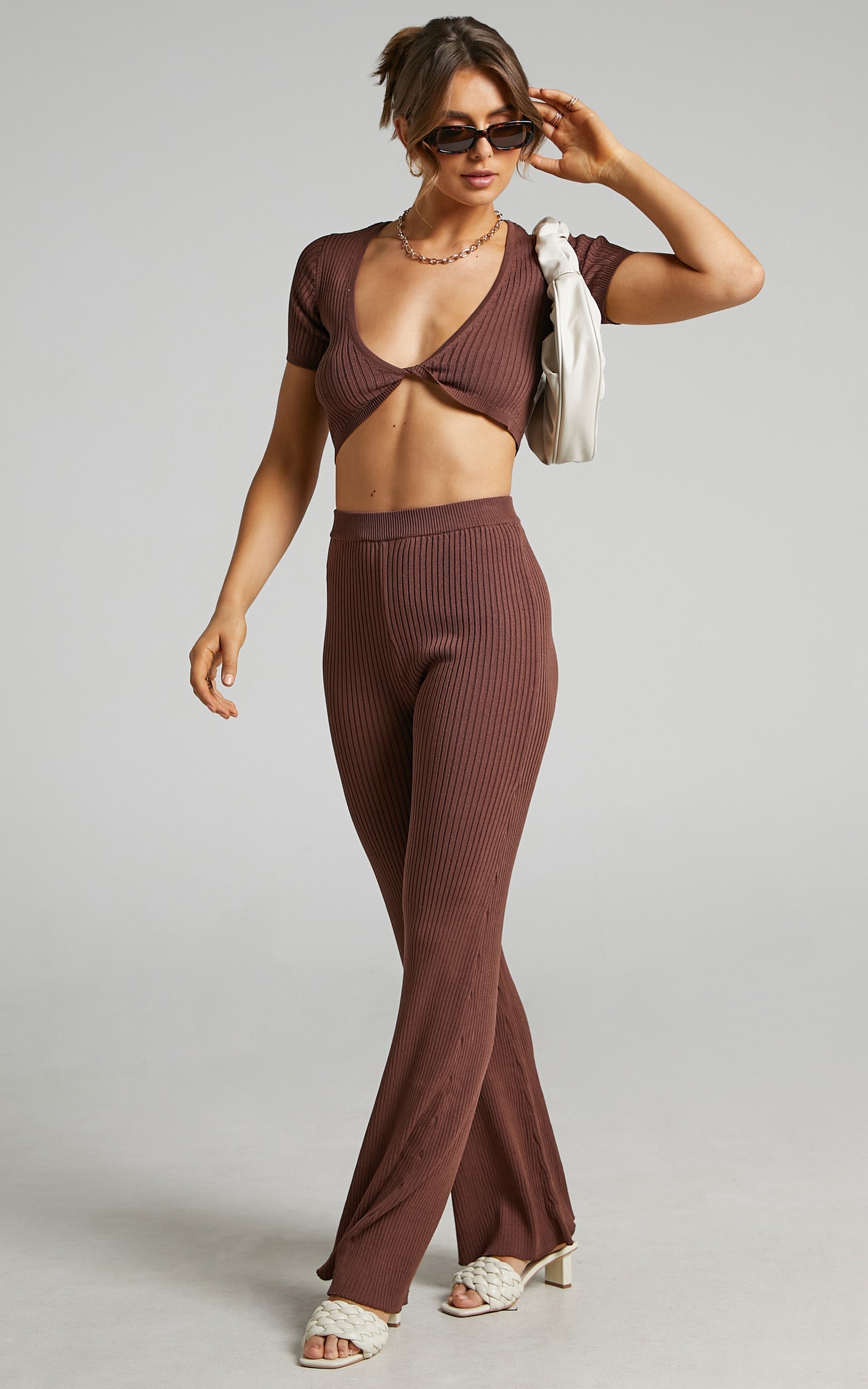 Zyanya Ribbed Cropped Two Piece Set in Chocolate