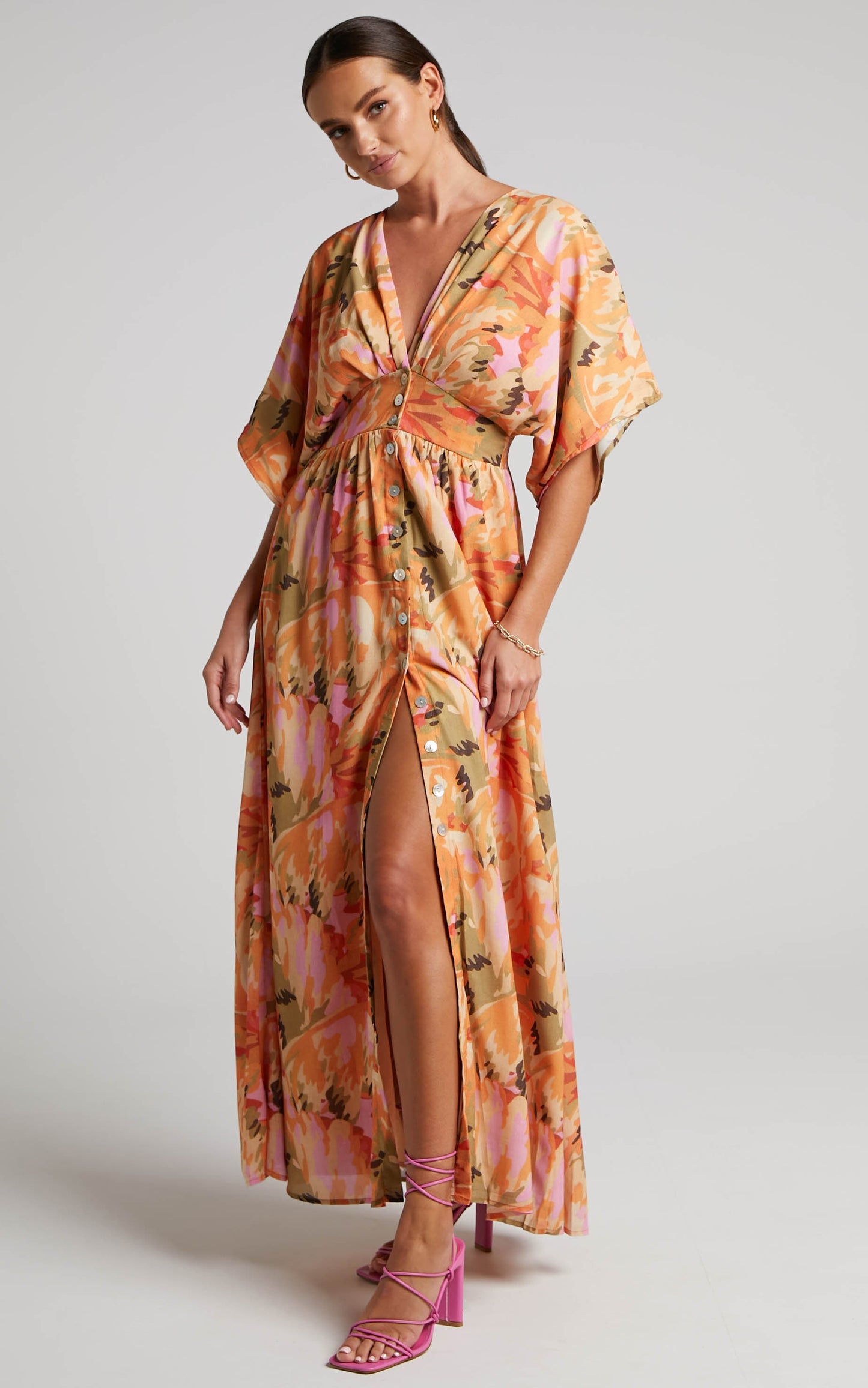 Heira Midi Dress - Flutter Sleeve Button Down Dress in Palm Print