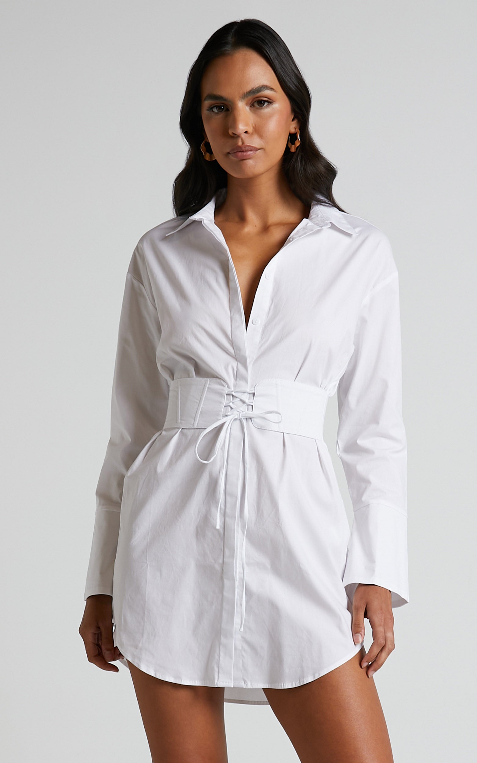 Ichia Mini Dress - Corset Shirt Dress in White