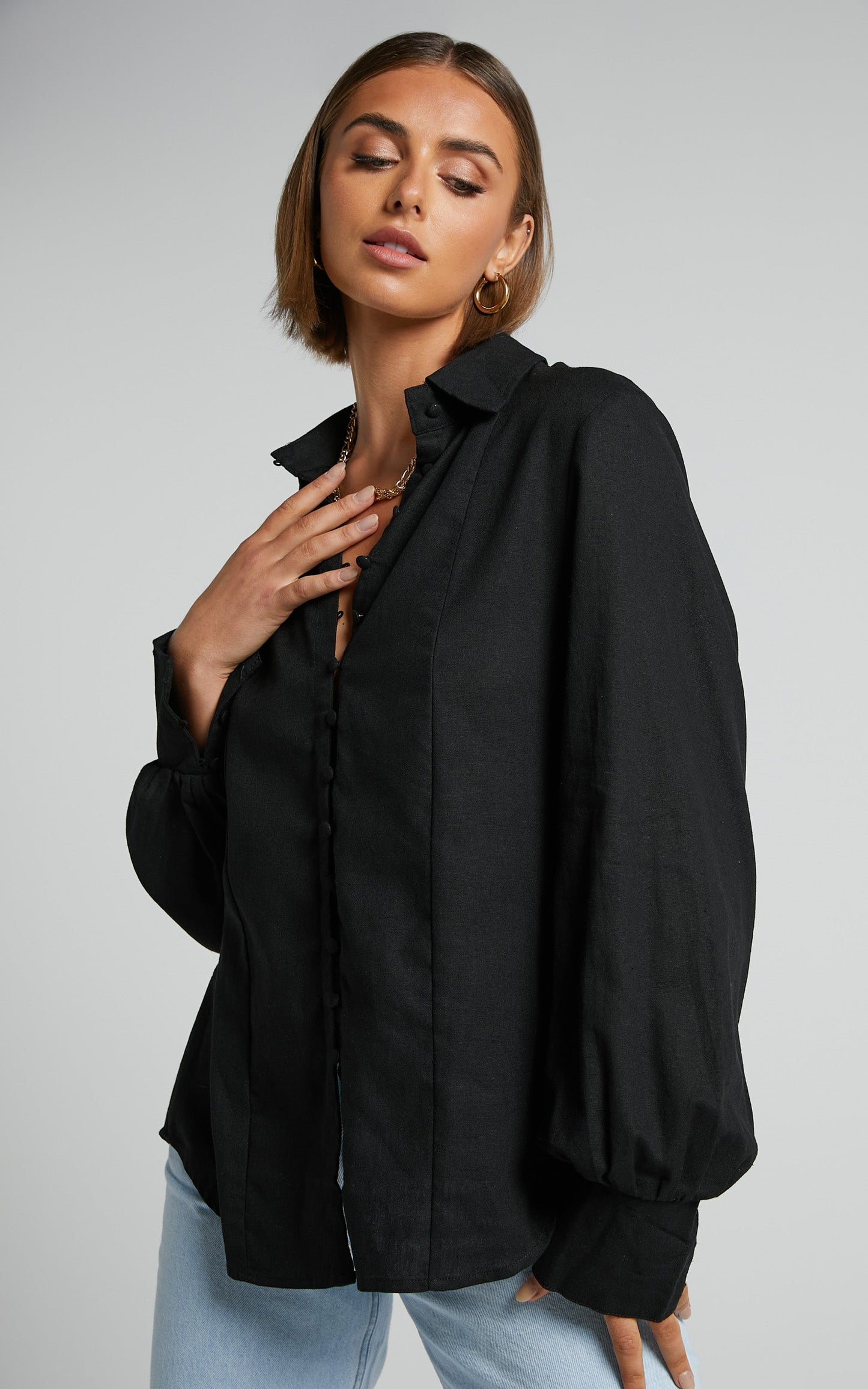 Kiva Blouse - Linen Long Sleeve Button Up Blouse in Black