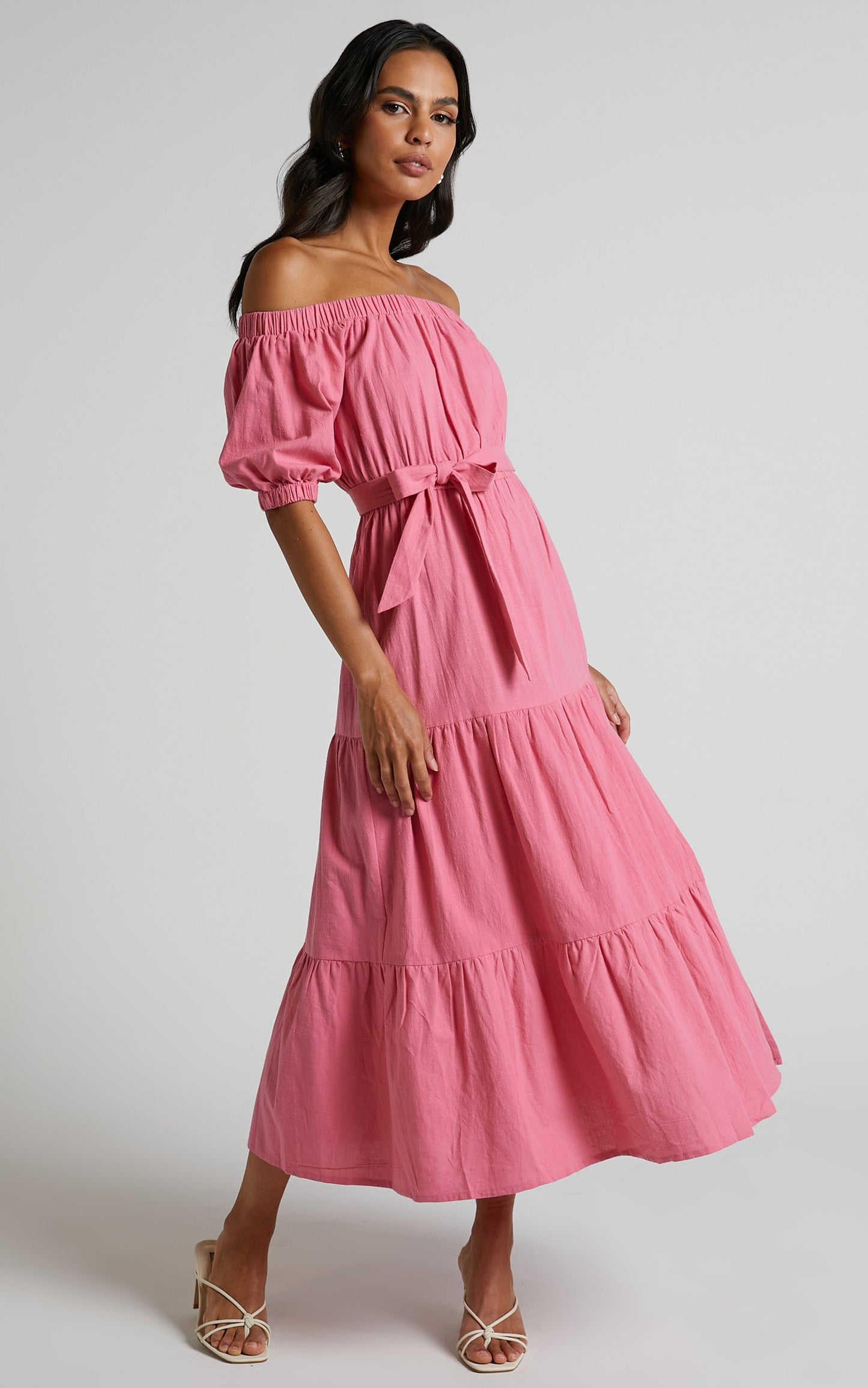 Leora Midi Dress - Off Shoulder Tiered Dress in Pink