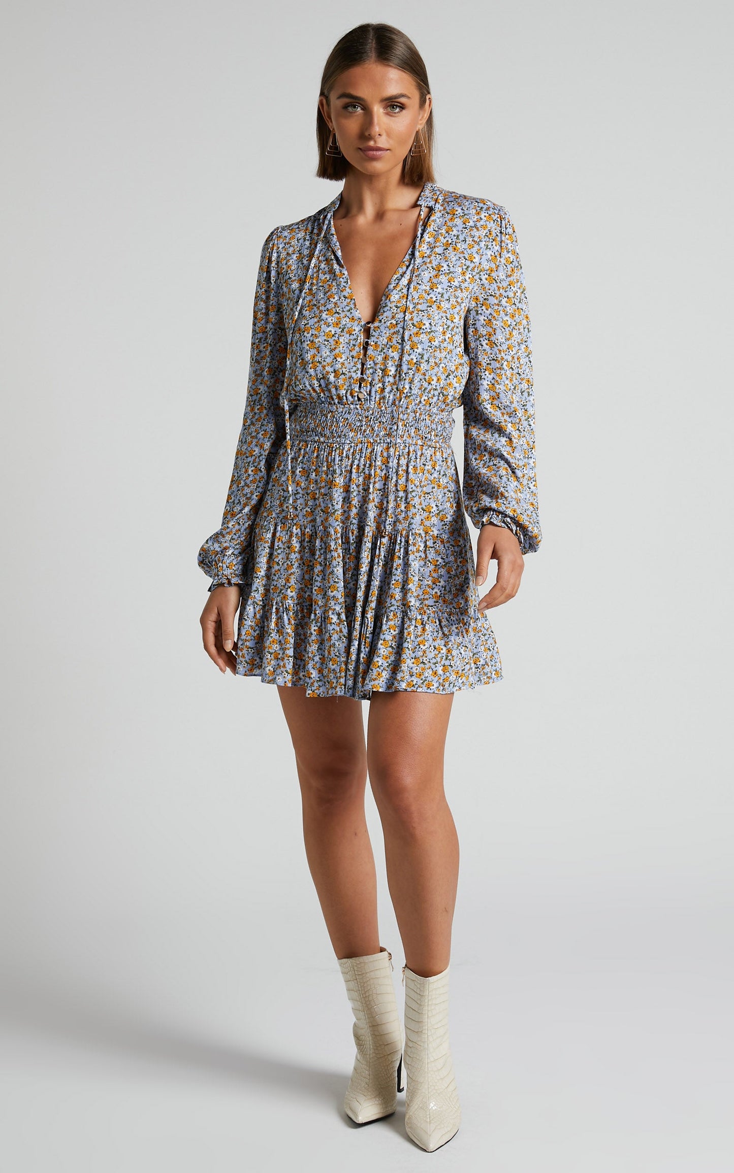 Luisella Mini Dress - Long Sleeve Shirred Waist Dress in Blue Ditsy Floral