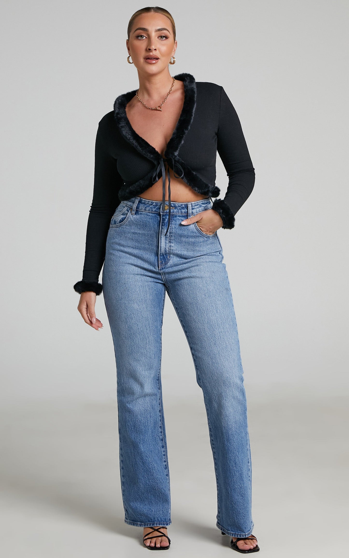 Madame Faux Fur Trim Tie Front Cardigan in Black