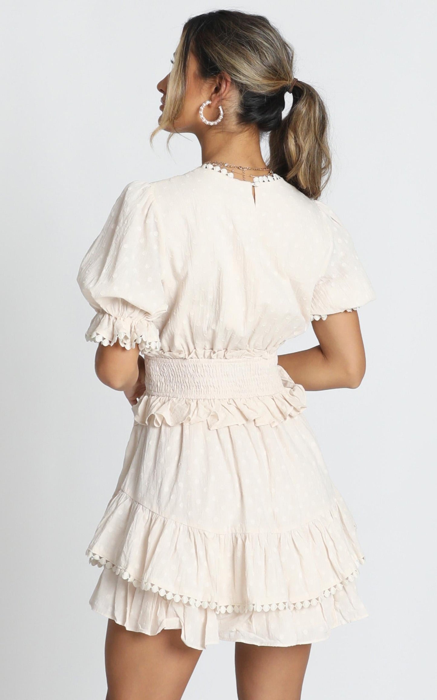 Dotty Frill Mini Dress In Beige