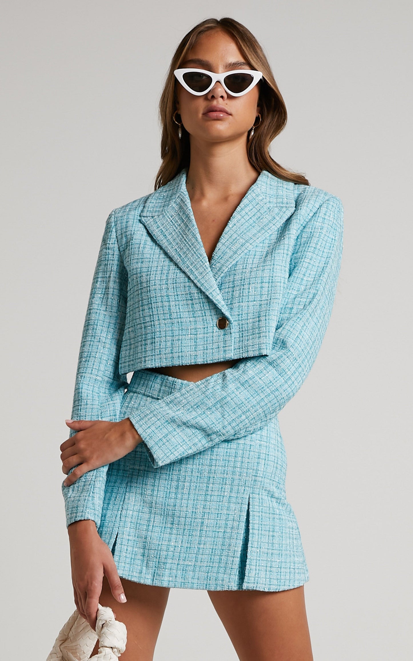 Sheba Two Piece Set - Tweed Cropped Blazer and Mini Skort in Blue