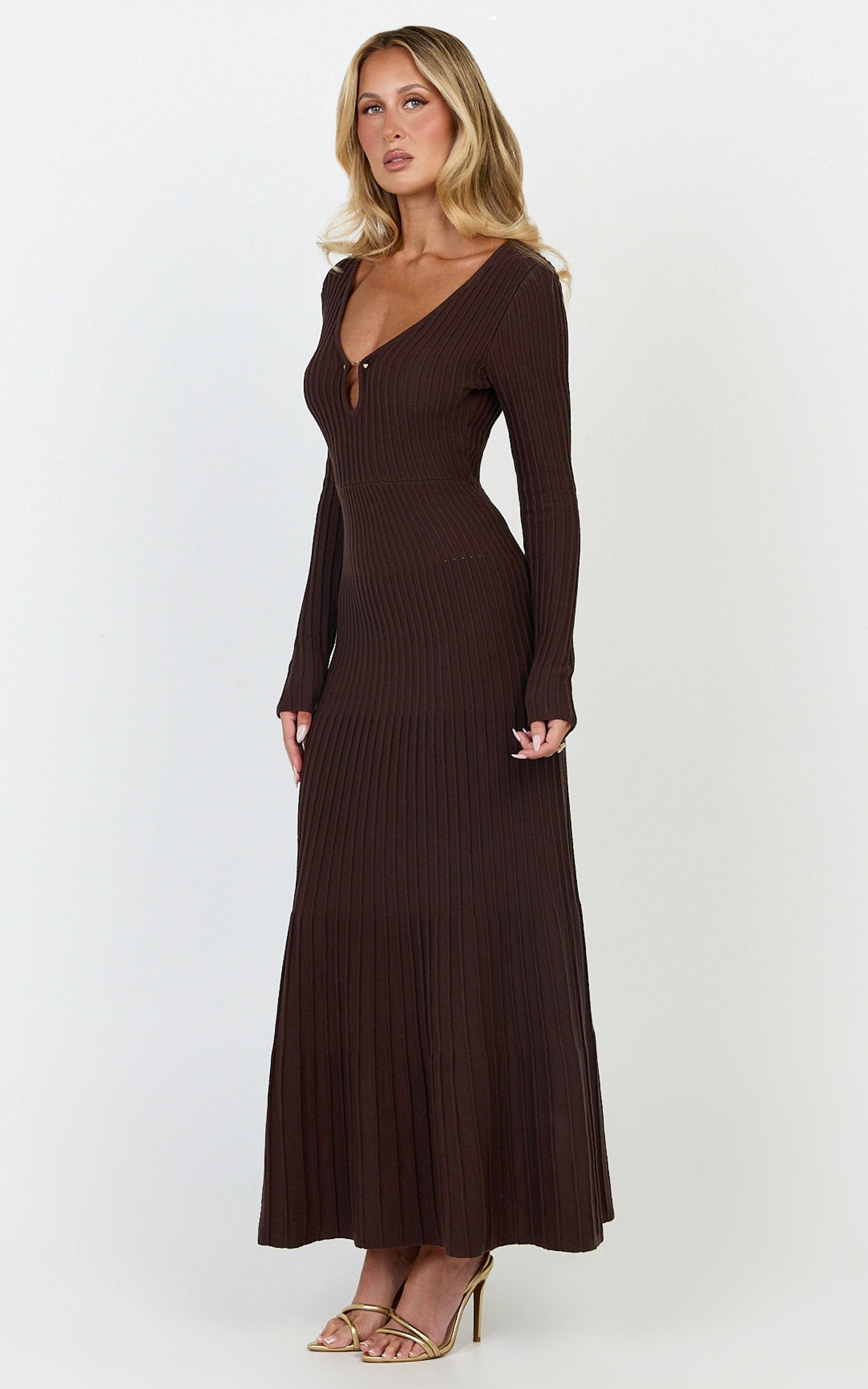 Maris Midi Dress - Keyhole and Hardware Neckline Long Sleeve Flared Dress in Choc