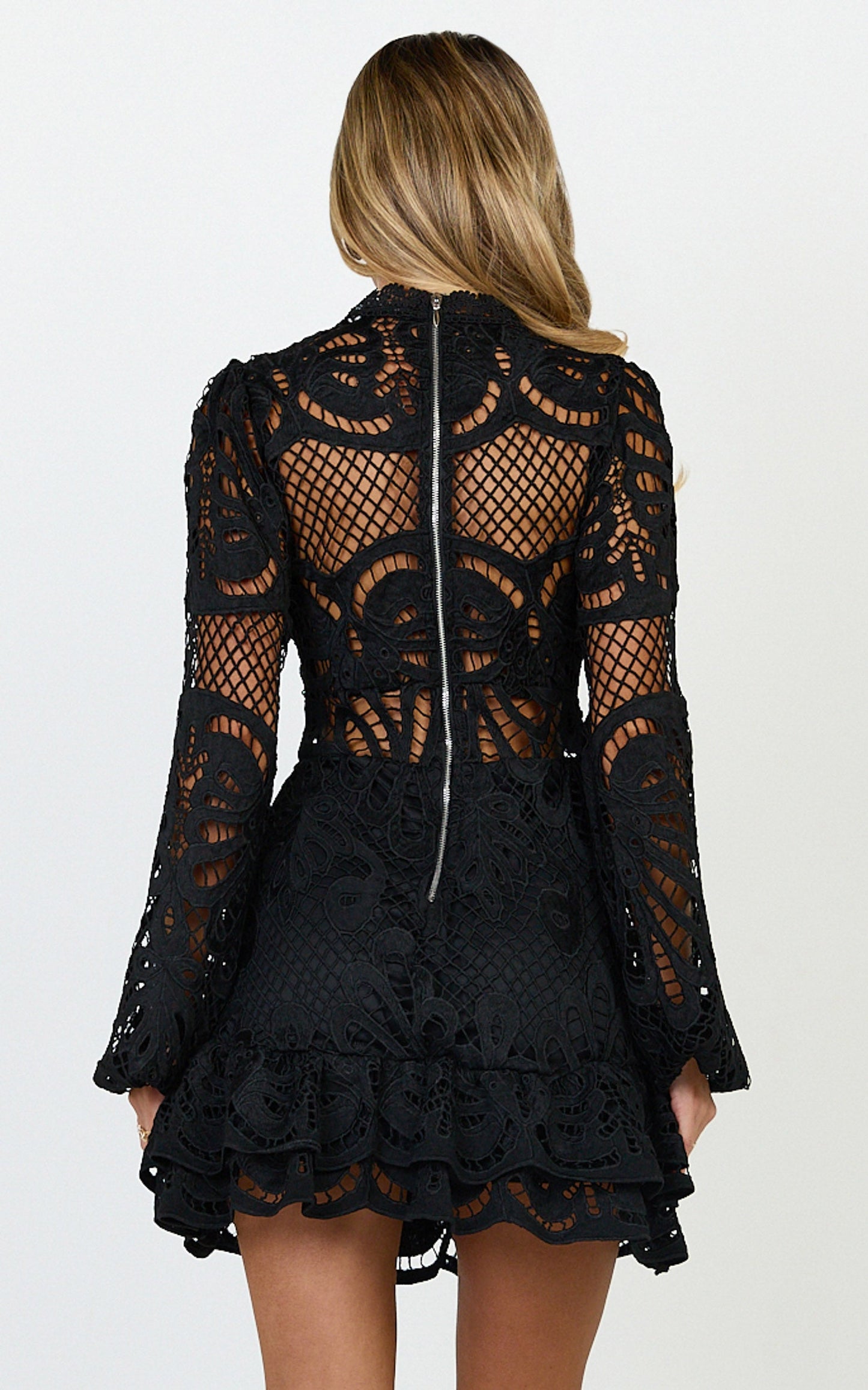 Kiss Me Now Mini Dress - Long Puff Sleeve Dress in Black Lace