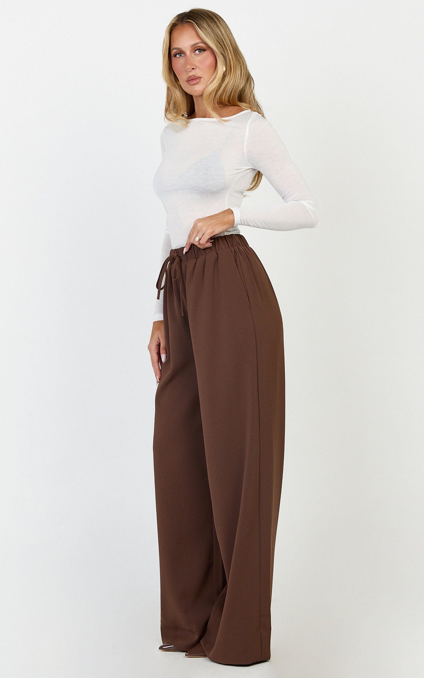 Nicole Pants - High Waist Elasticated Gathered Waist Wide Leg Pants in Mocha