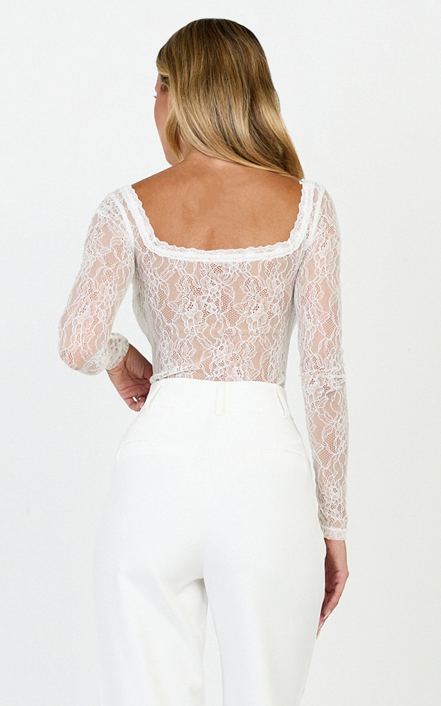 Cynthia Bodysuit - Long Sleeve Lace Bodysuit in Cream