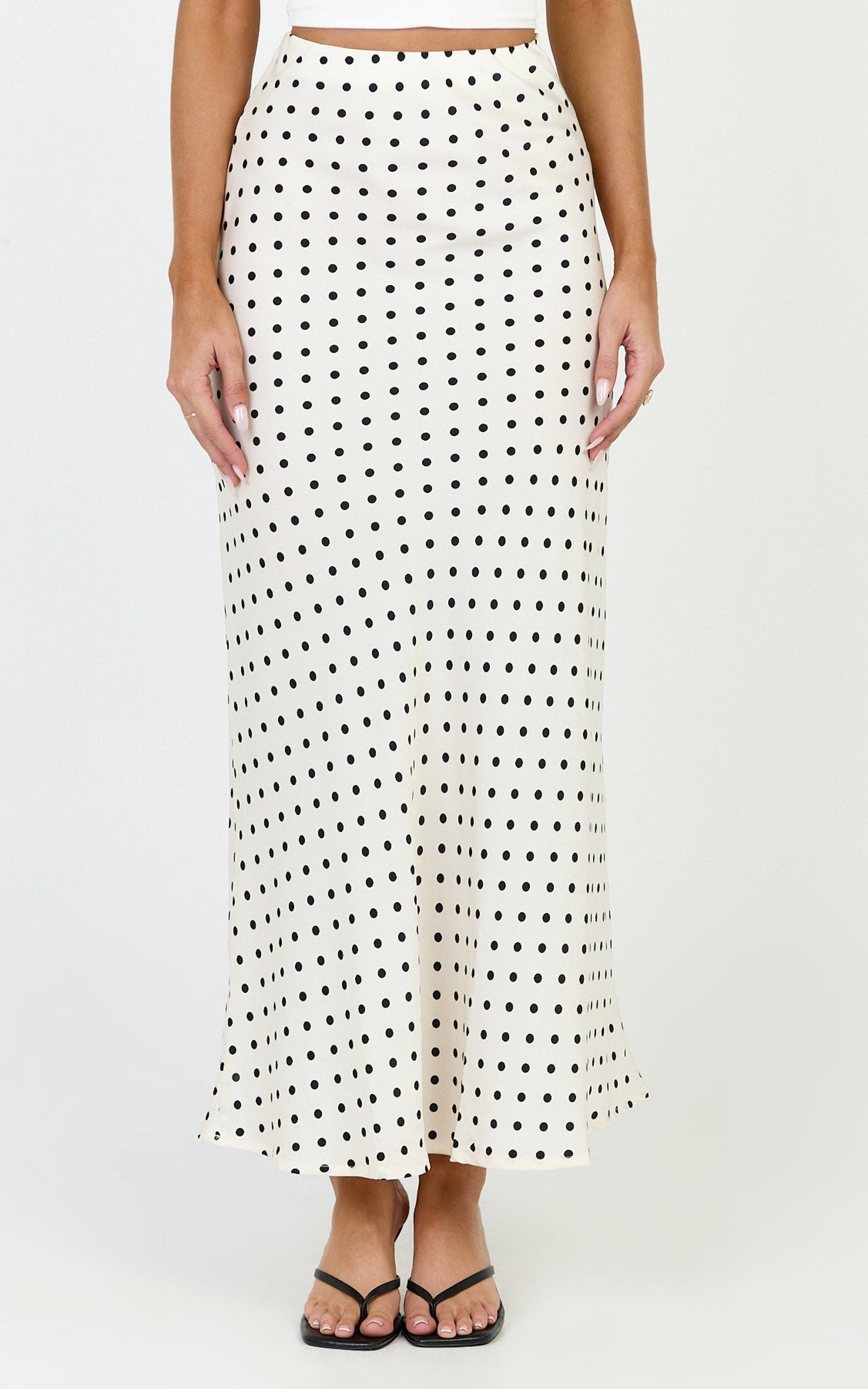 Amari Maxi Skirt - High Waisted Bias Cut Skirt in Cream and Black Polka