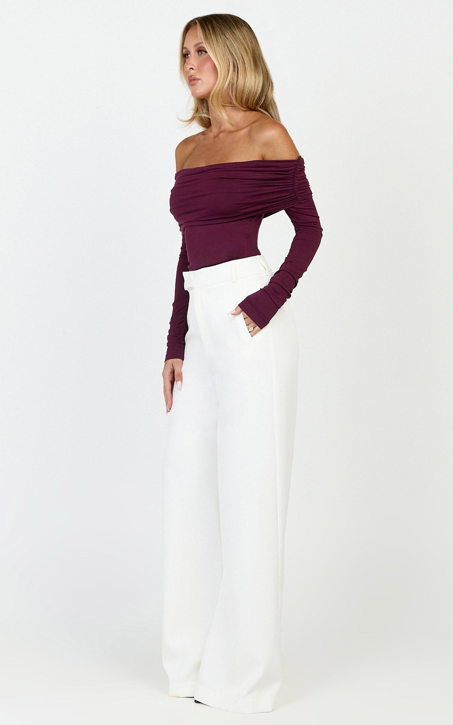 Jolie Top - Off Shoulder Long Sleeve Gathered Top in Wine