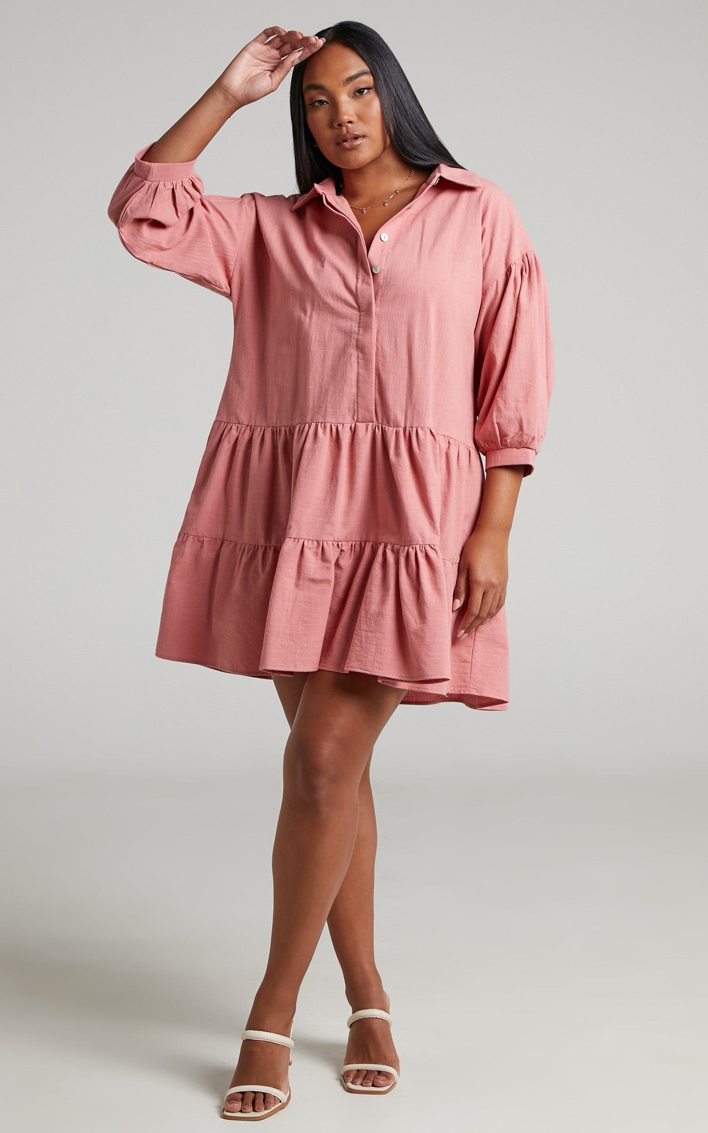 Adriana Mini Dress - Collared Tiered Dress in Dusty Pink