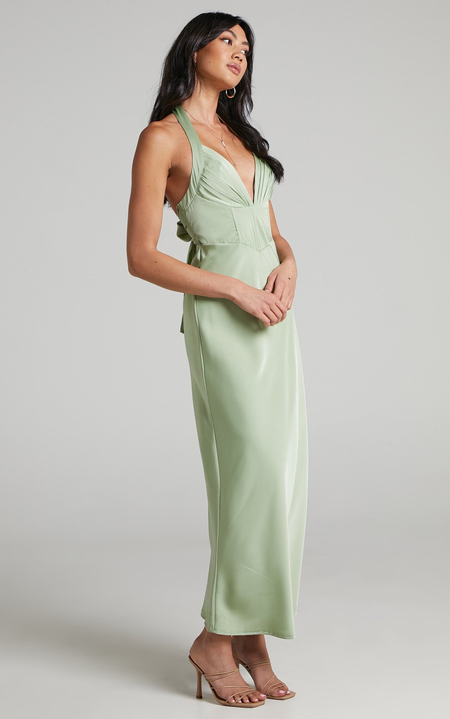 Agnus Halter Neck Tie Up Back Maxi Dress in Sage Satin