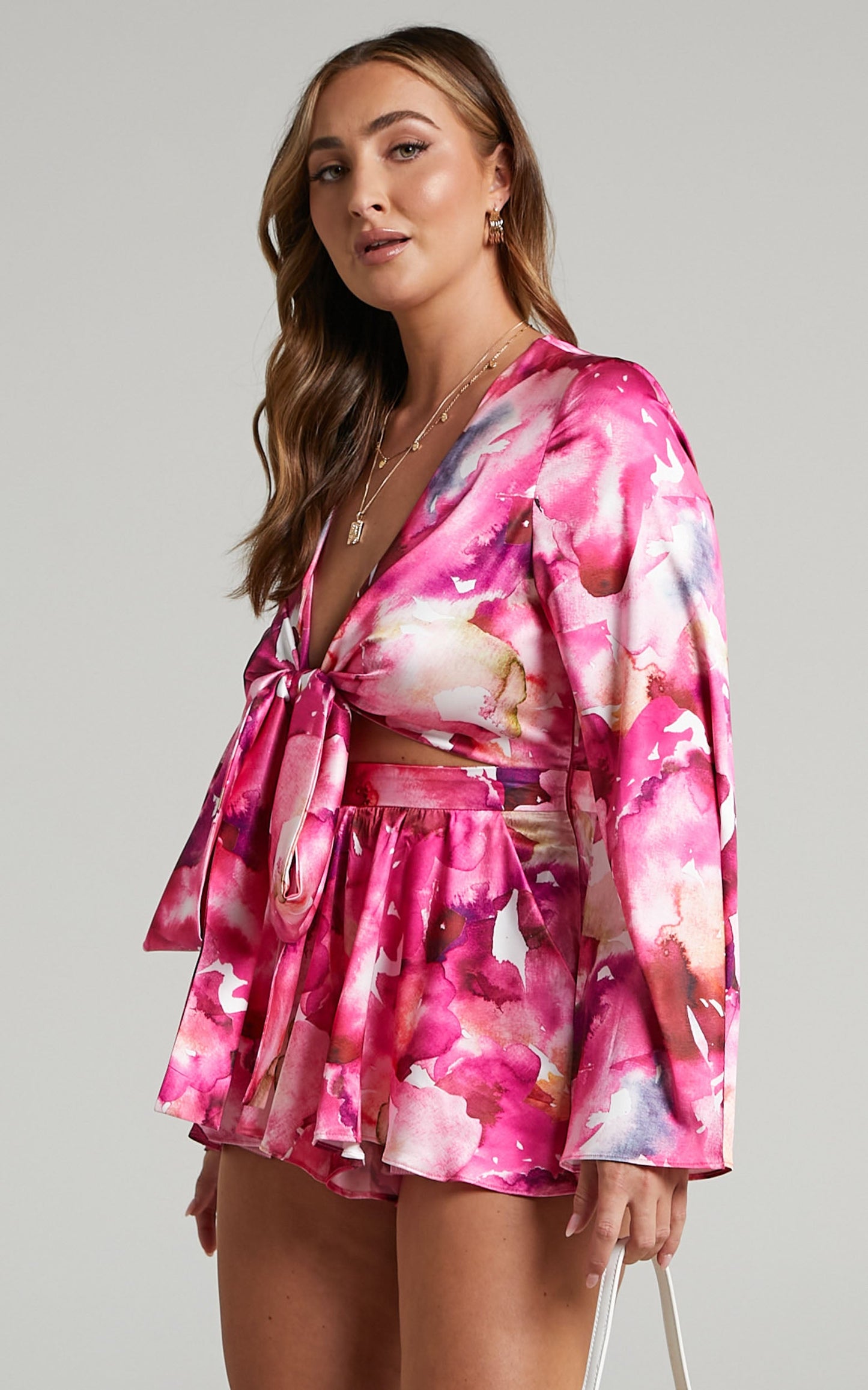 Alodia Bell Sleeves Tie Front Playsuit in Pink Watercolour