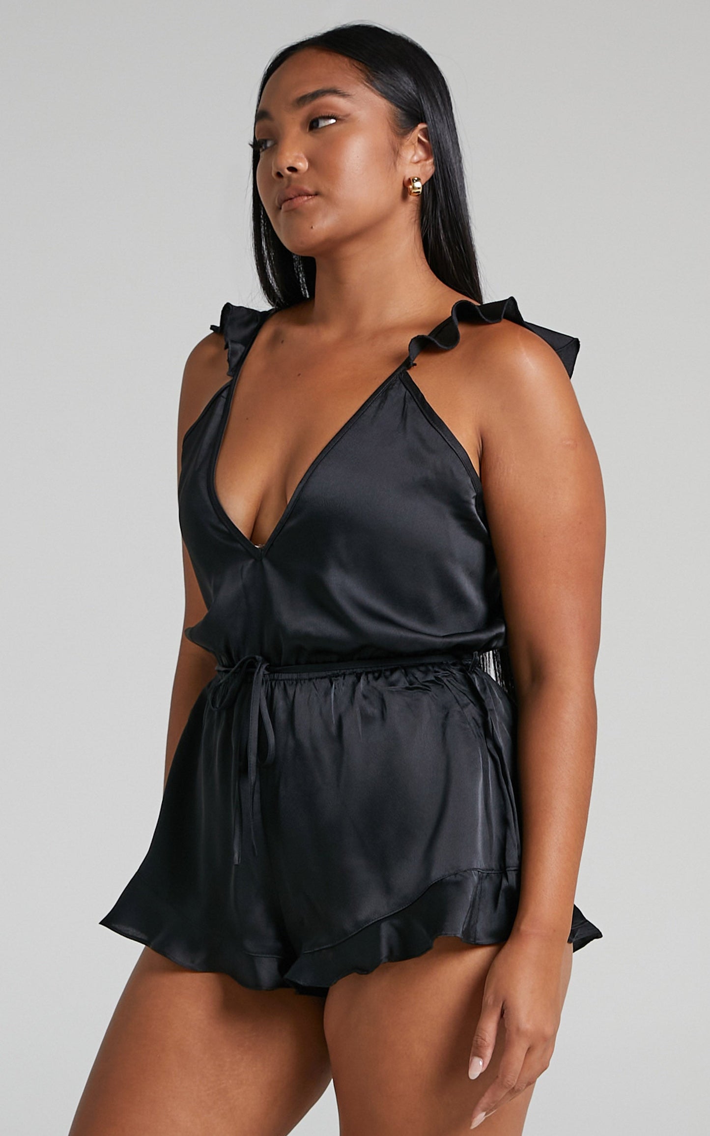 Alohra Romper - Frill Satin Sleep Romper in Black
