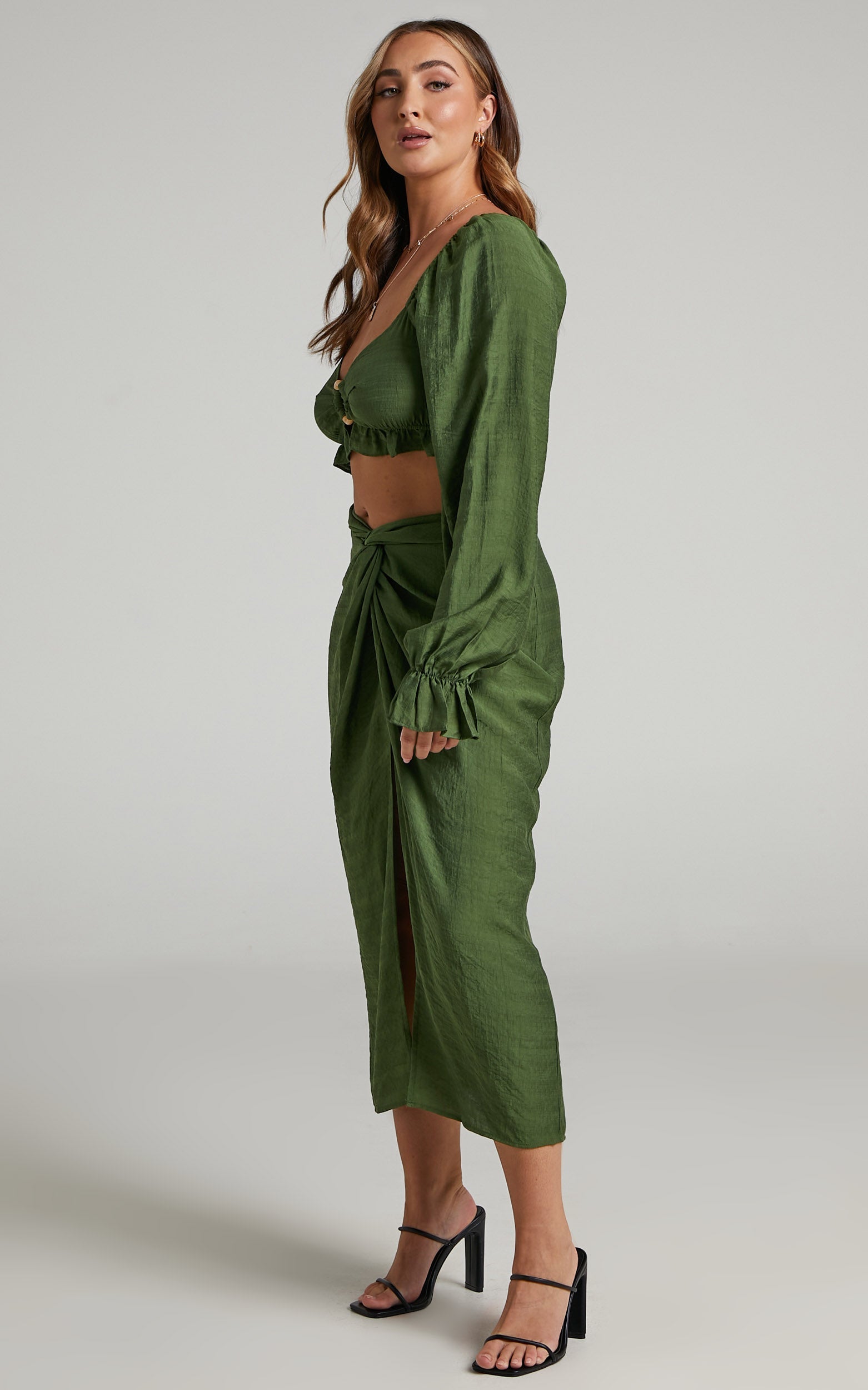 Andalyn Two Piece Knot Front Skirt Set in Olive