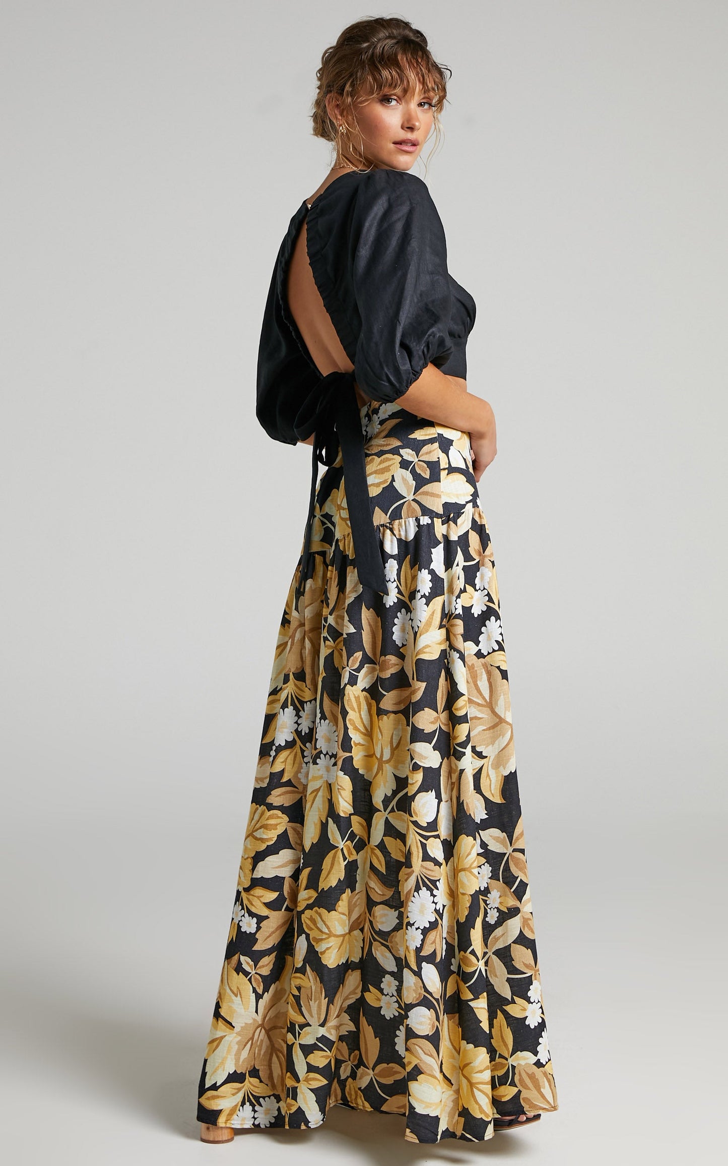 Amalie The Label - Athena Linen Side Split Maxi Linen Skirt in Black Floral