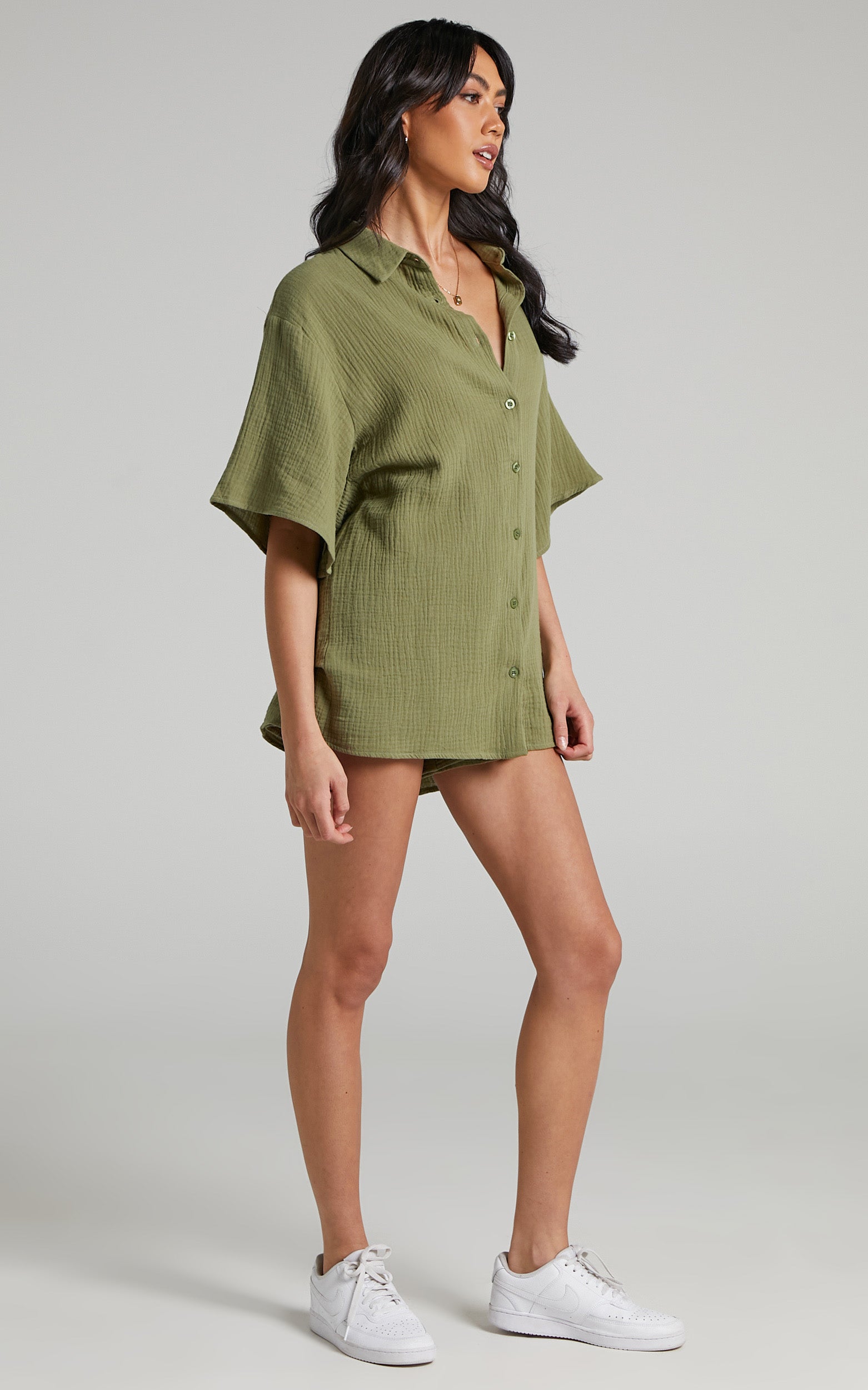 Atom Muslin Shirt - Oversized Button Up Shirt in Khaki