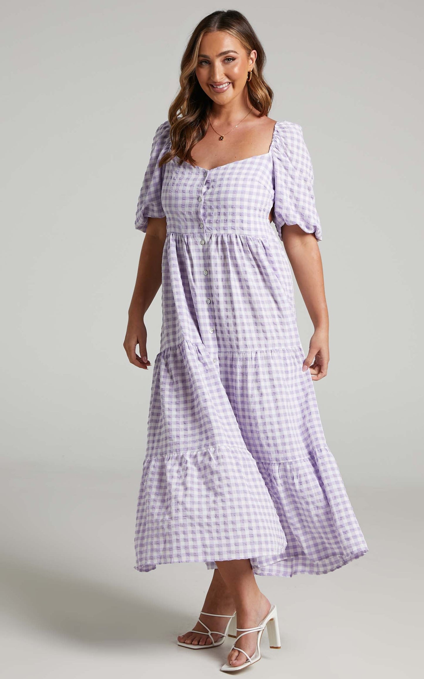 Drigeth Puff Sleeve Open Back Midi Dress in Lilac Gingham