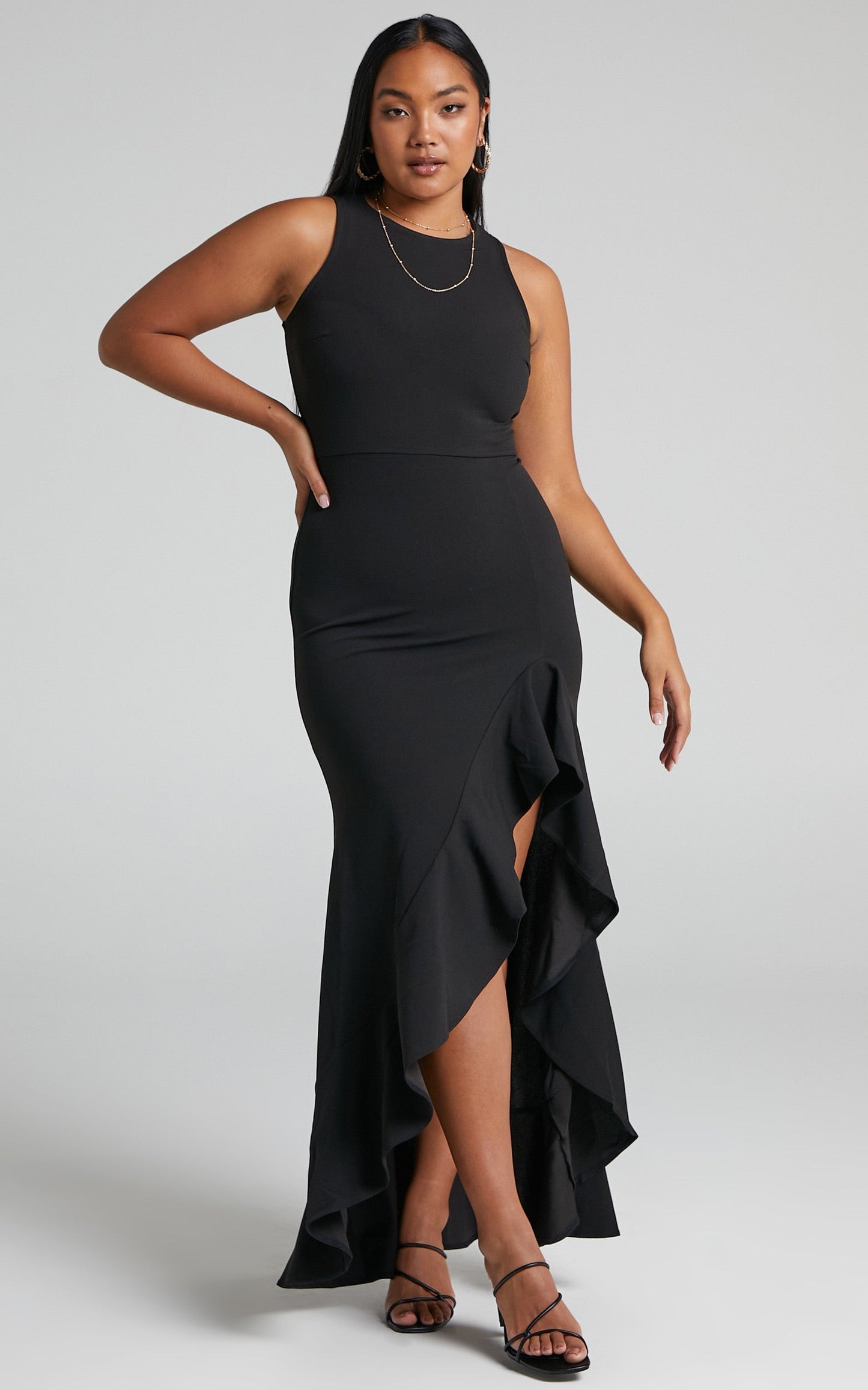 Erytheia Asymmetrical Ruffle Hem Maxi Dress in Black