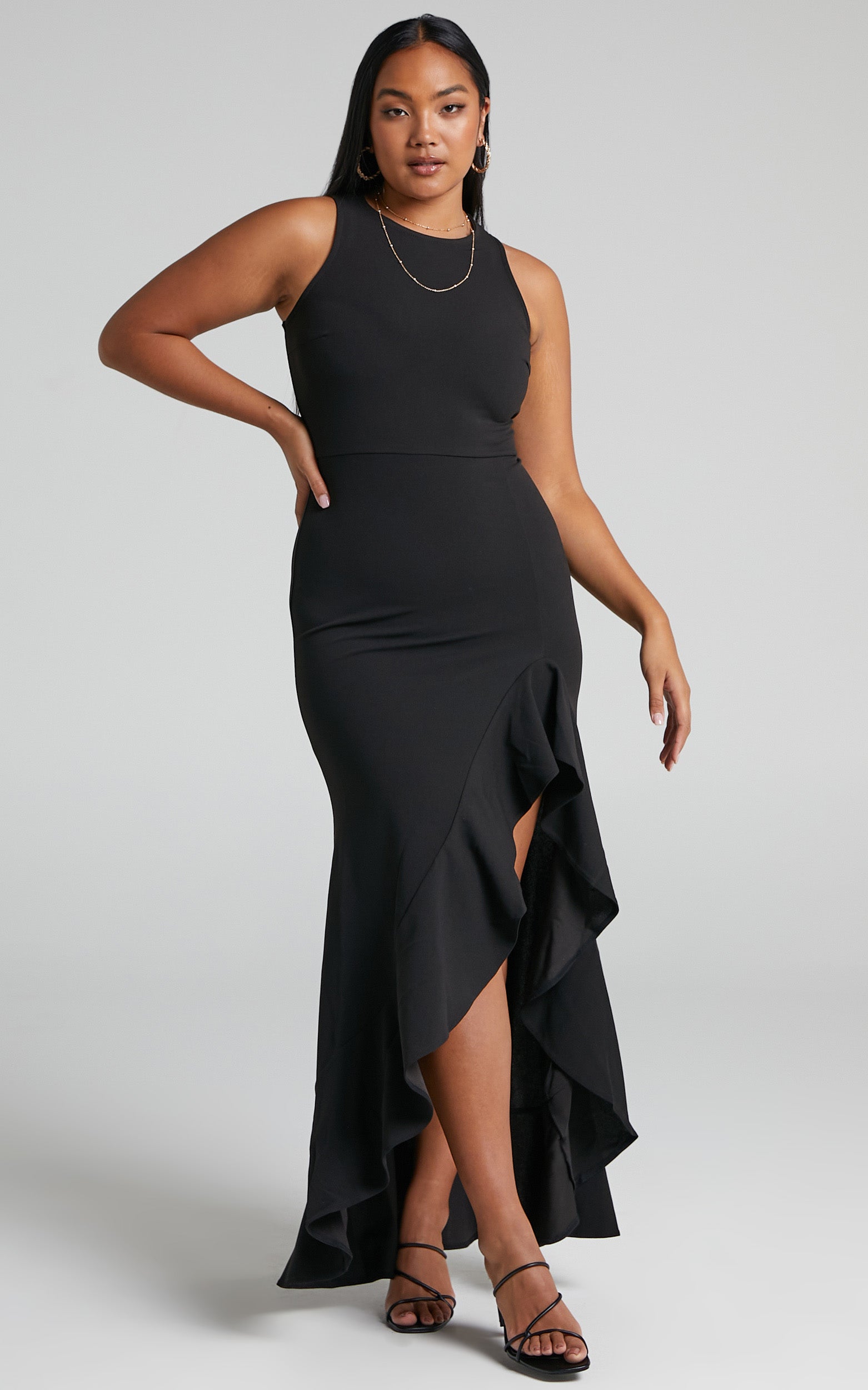 Erytheia Asymmetrical Ruffle Hem Maxi Dress in Black