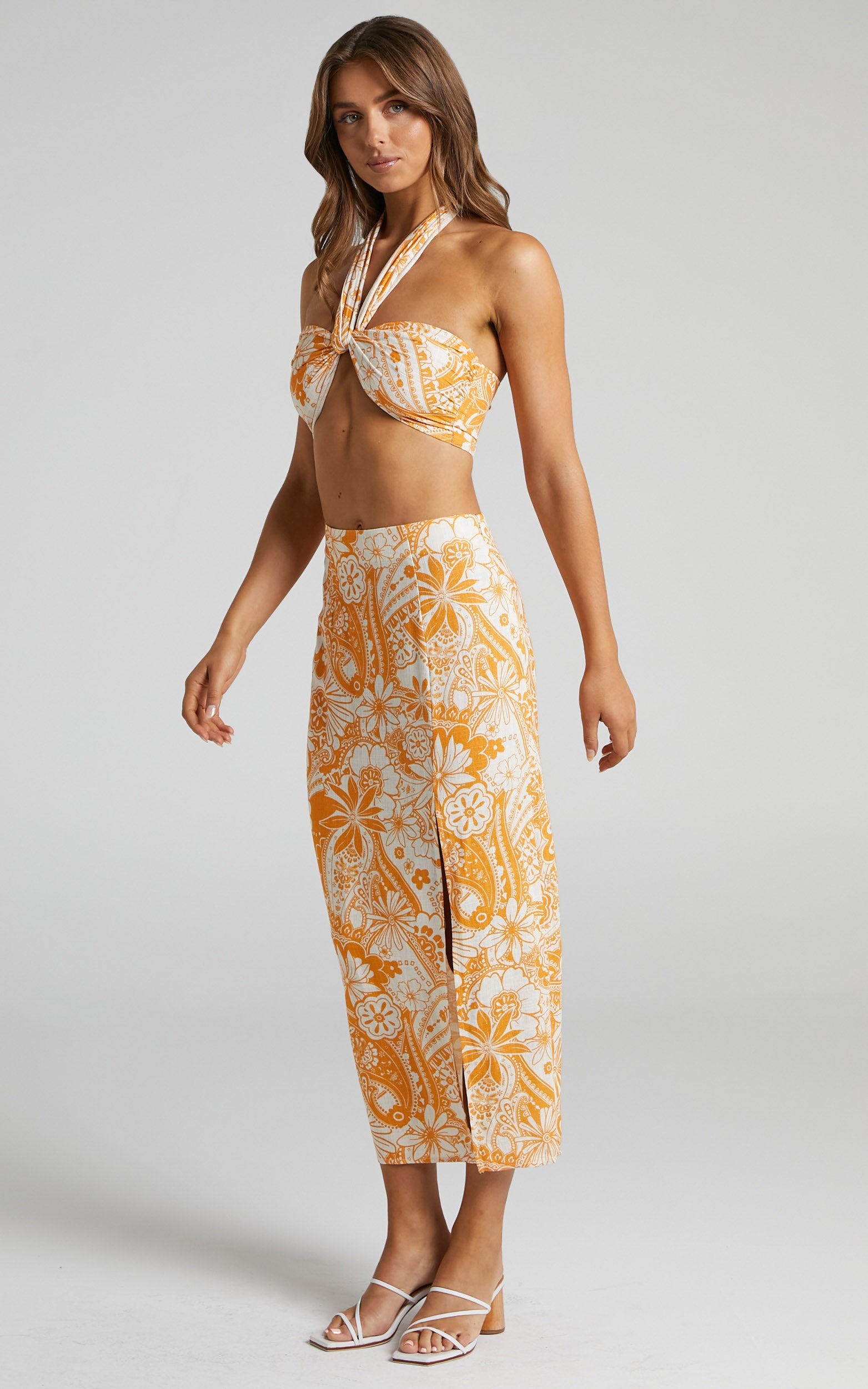 Gyah Two Piece Set - Linen Halter Crop Top and Midi Skirt in Rust Paisley