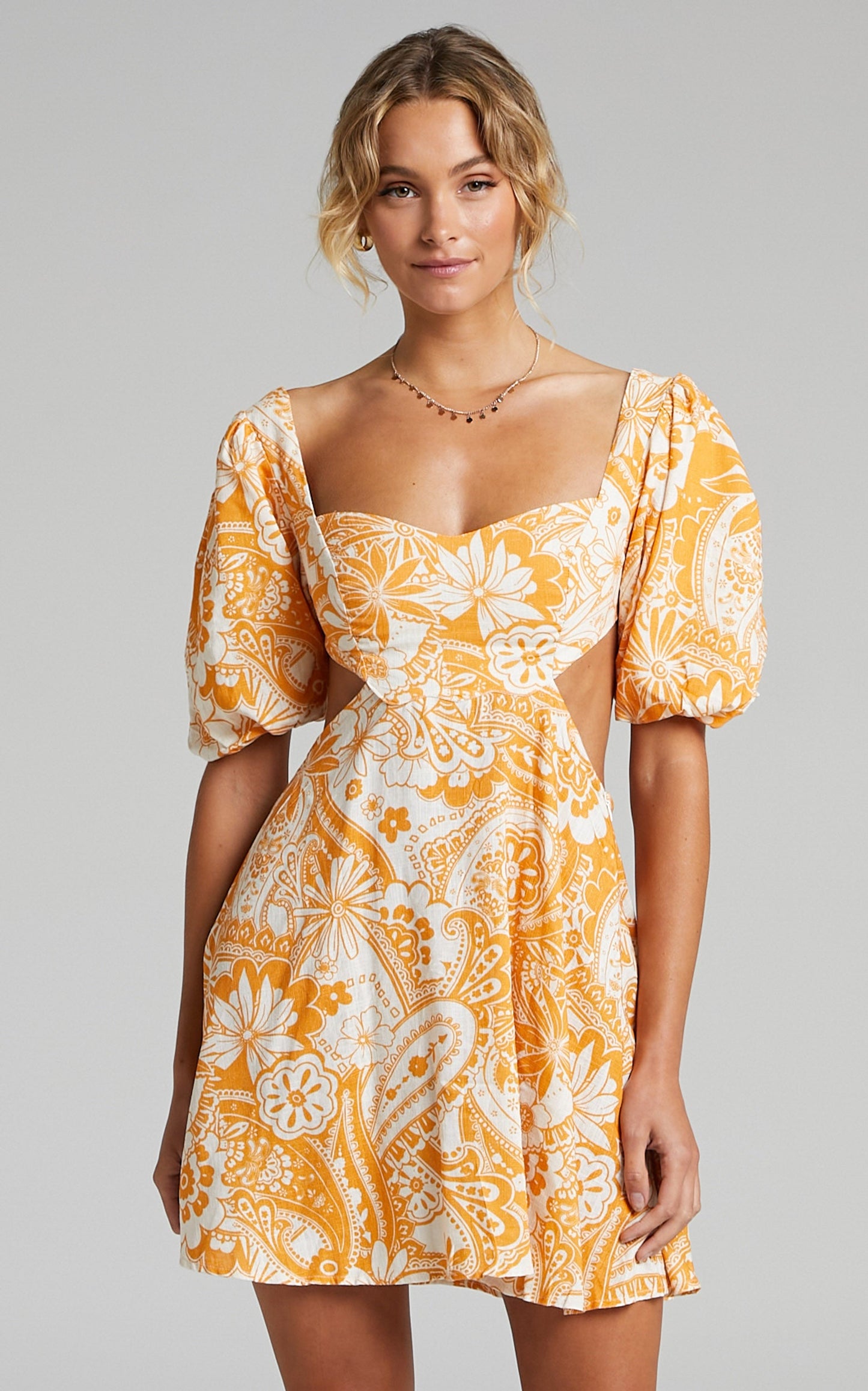 Gyah Mini Dress - Linen Balloon Sleeve Dress in Rust Paisley