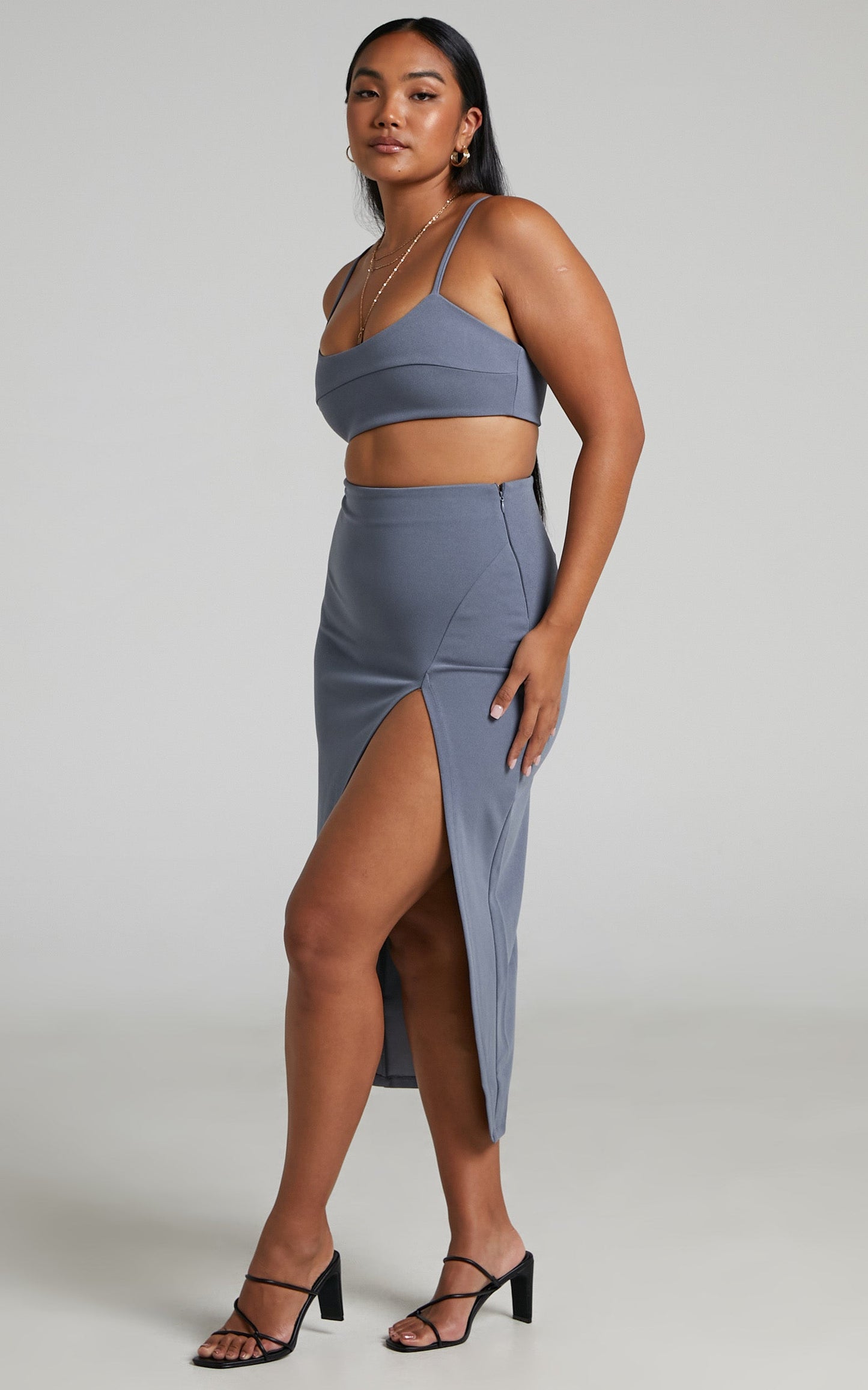 Grayson Crop Top and Split Front Midi Skirt Two Piece Set in Steel Blue