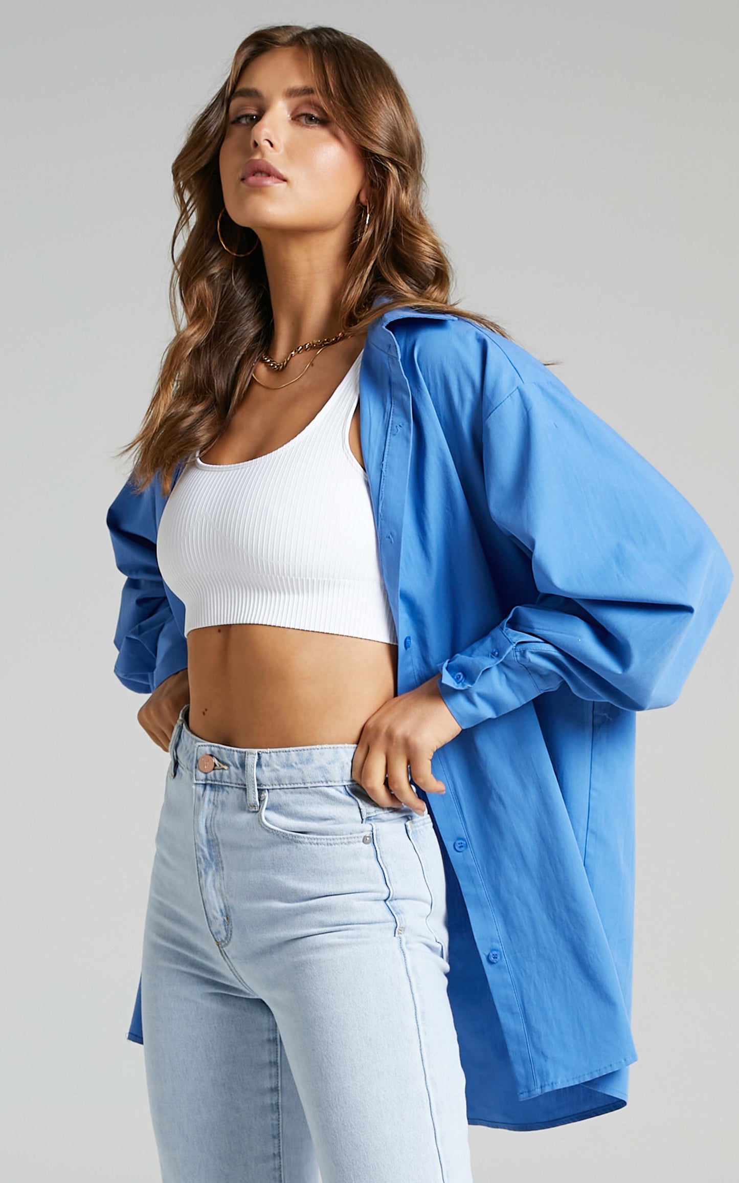 Harriet Shirt - Oversized Sleeve Button Up Shirt in Blue