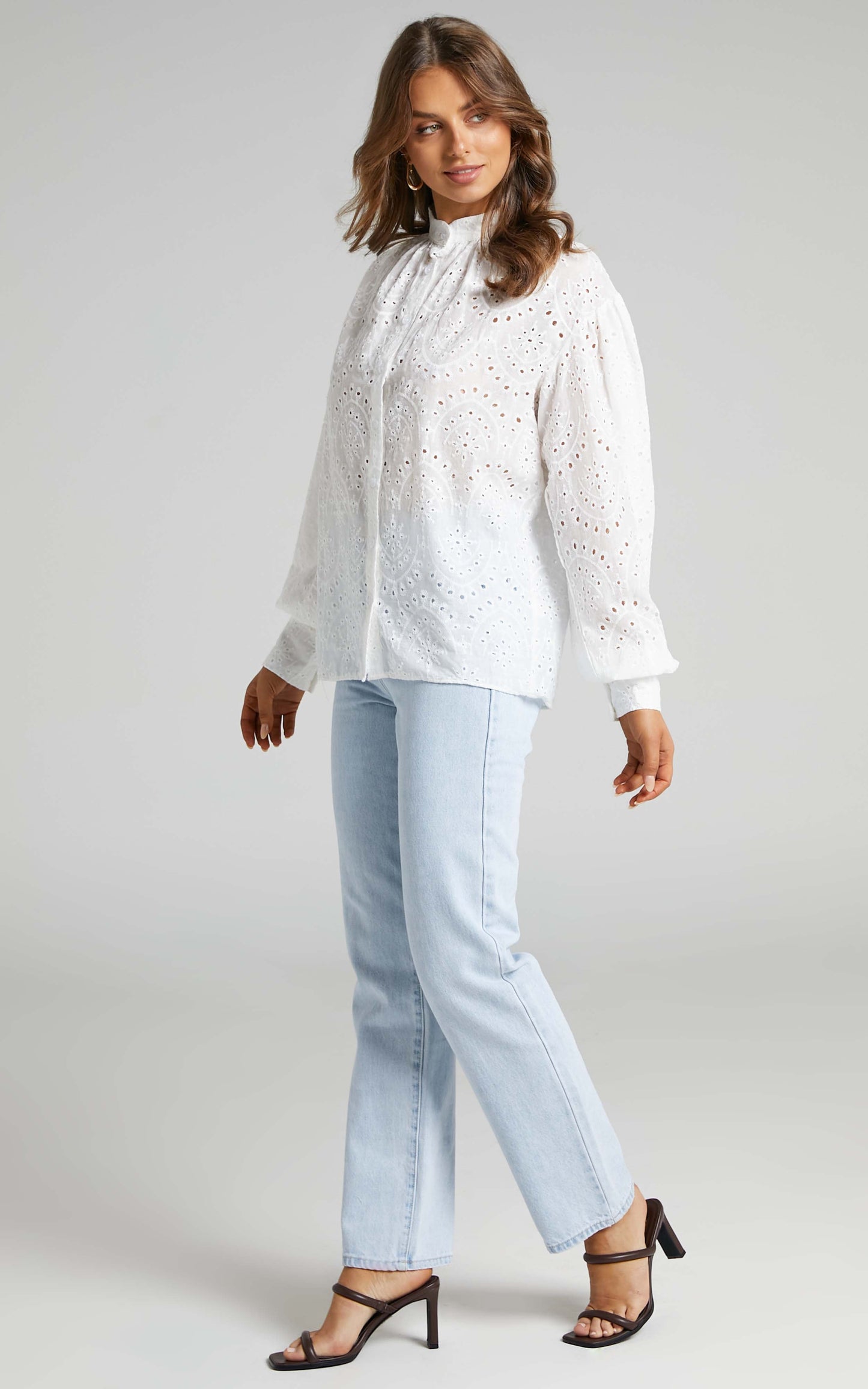Helda Embroidered Balloon Sleeve Shirt in White