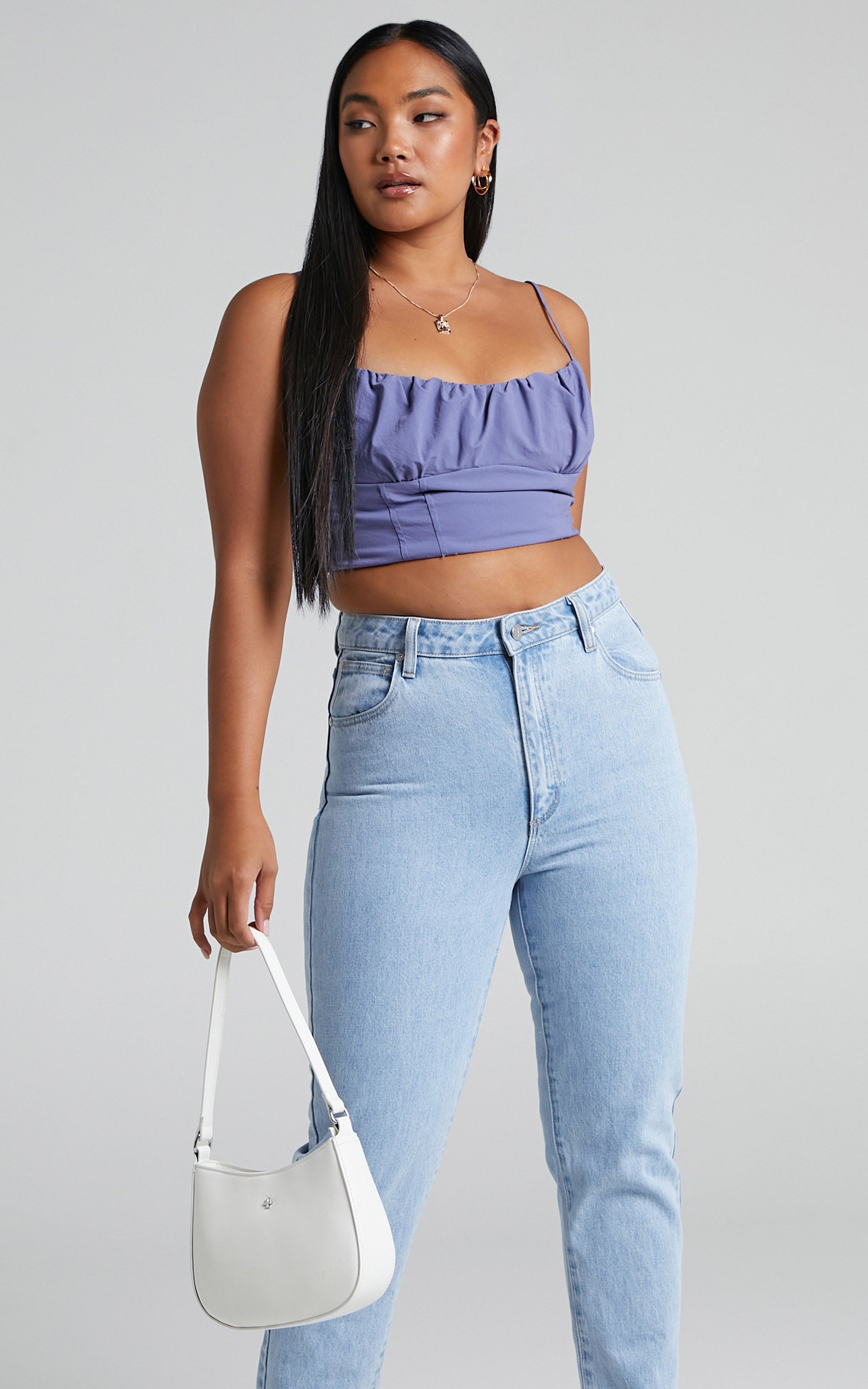 Keriana Top - Gathered Front Corset Crop Top in Steel Blue