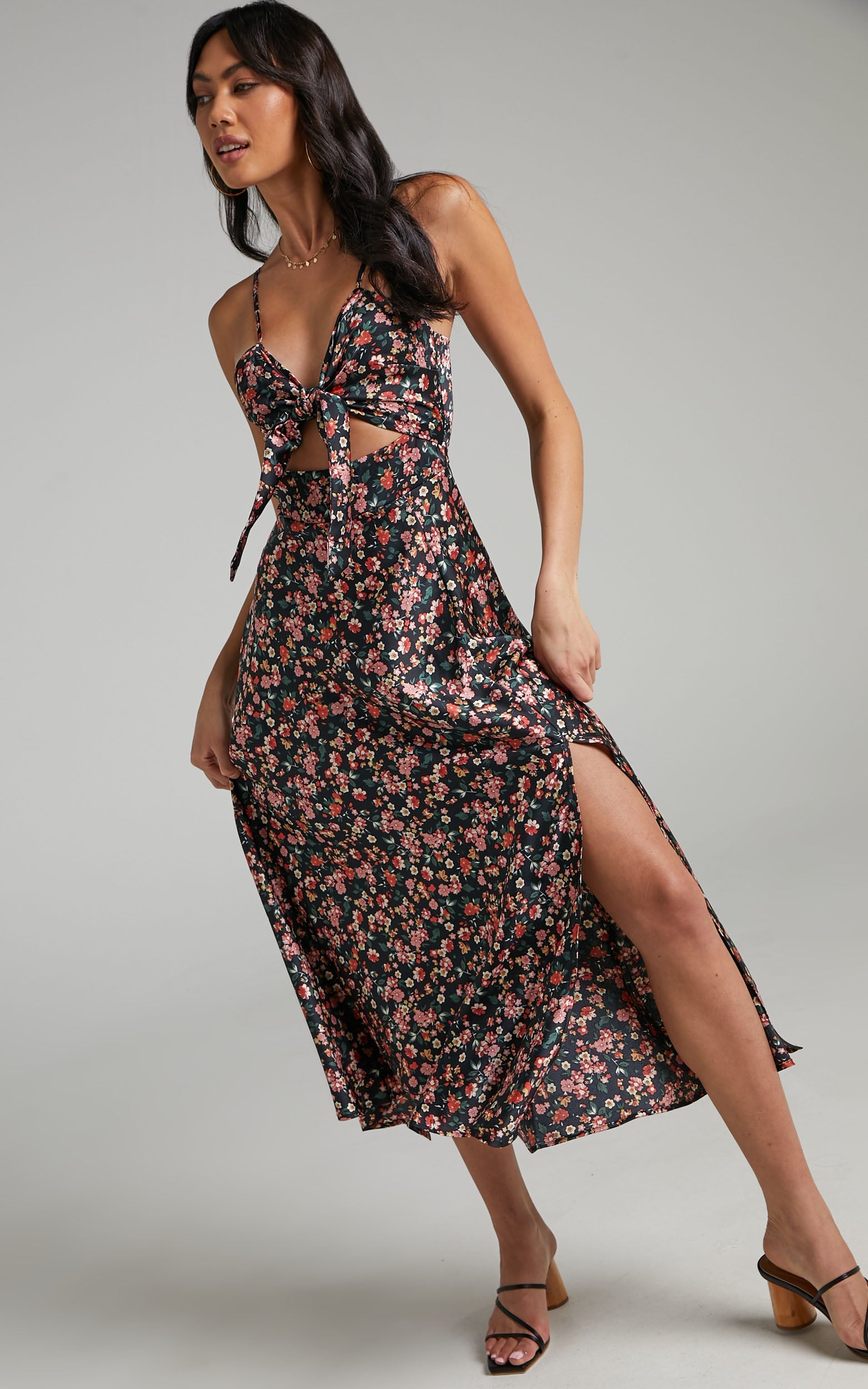 Kingsley Midi Length Dress with Split in Black Floral