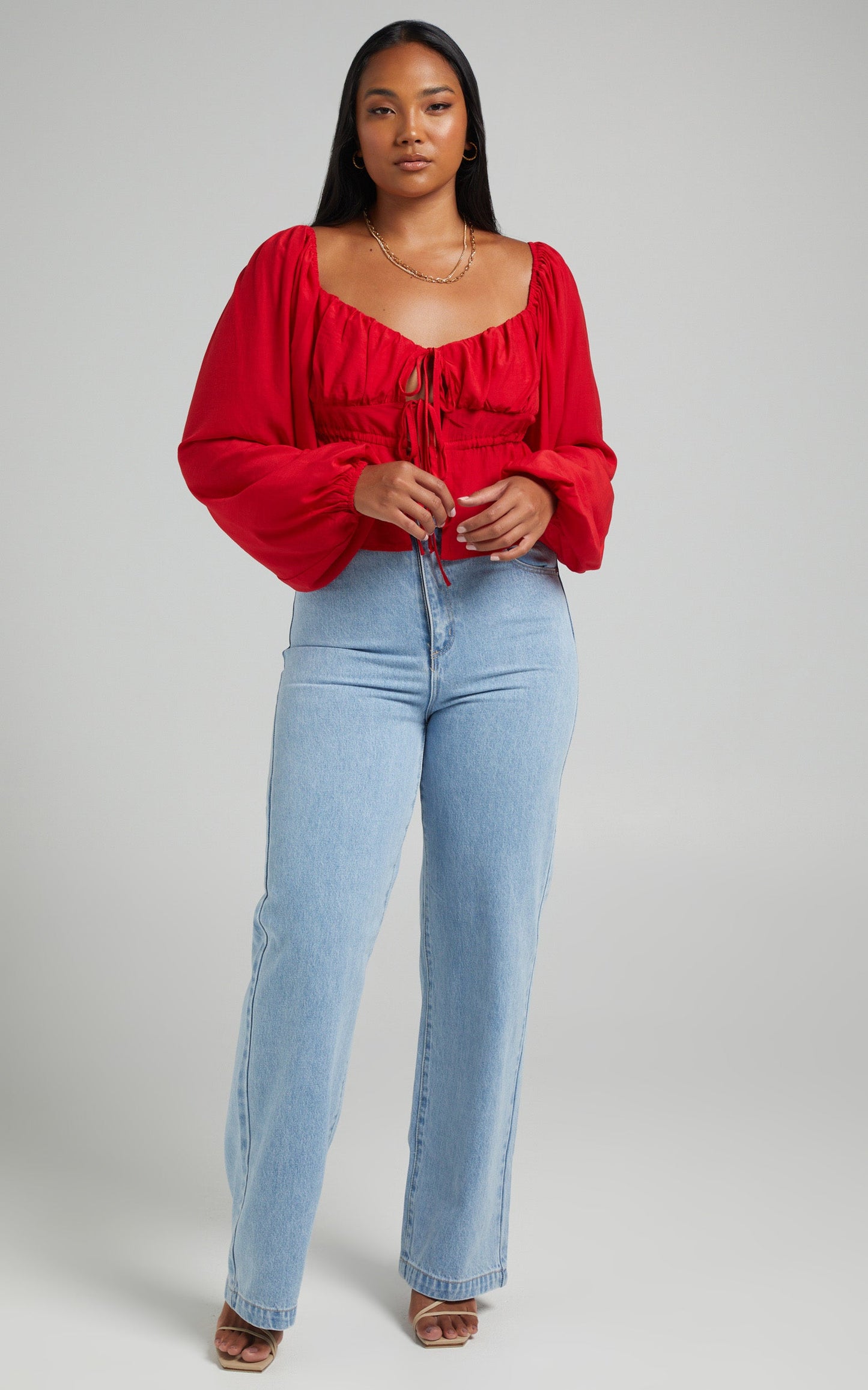 Nadine Top - Long Sleeve Ruched Bust Top in Red