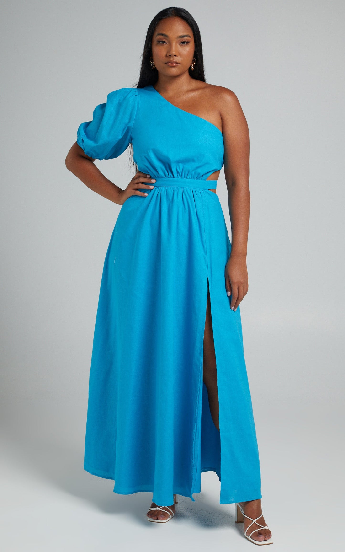 Cedie Midi Dress - One Shoulder Puff Sleeve Dress in Blue