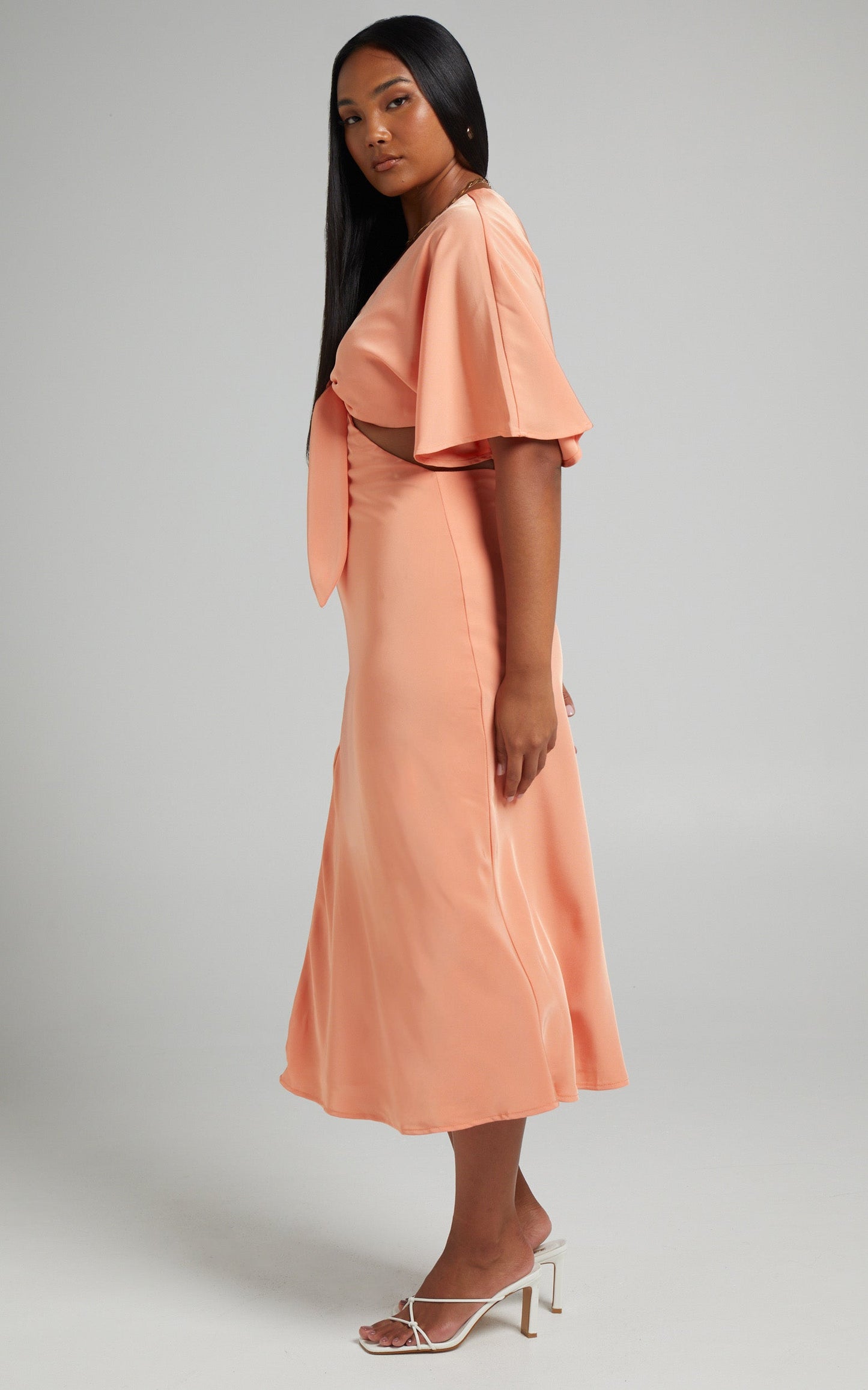 Joja Flutter Sleeve Cut Out Midi Dress in Sherbet Orange
