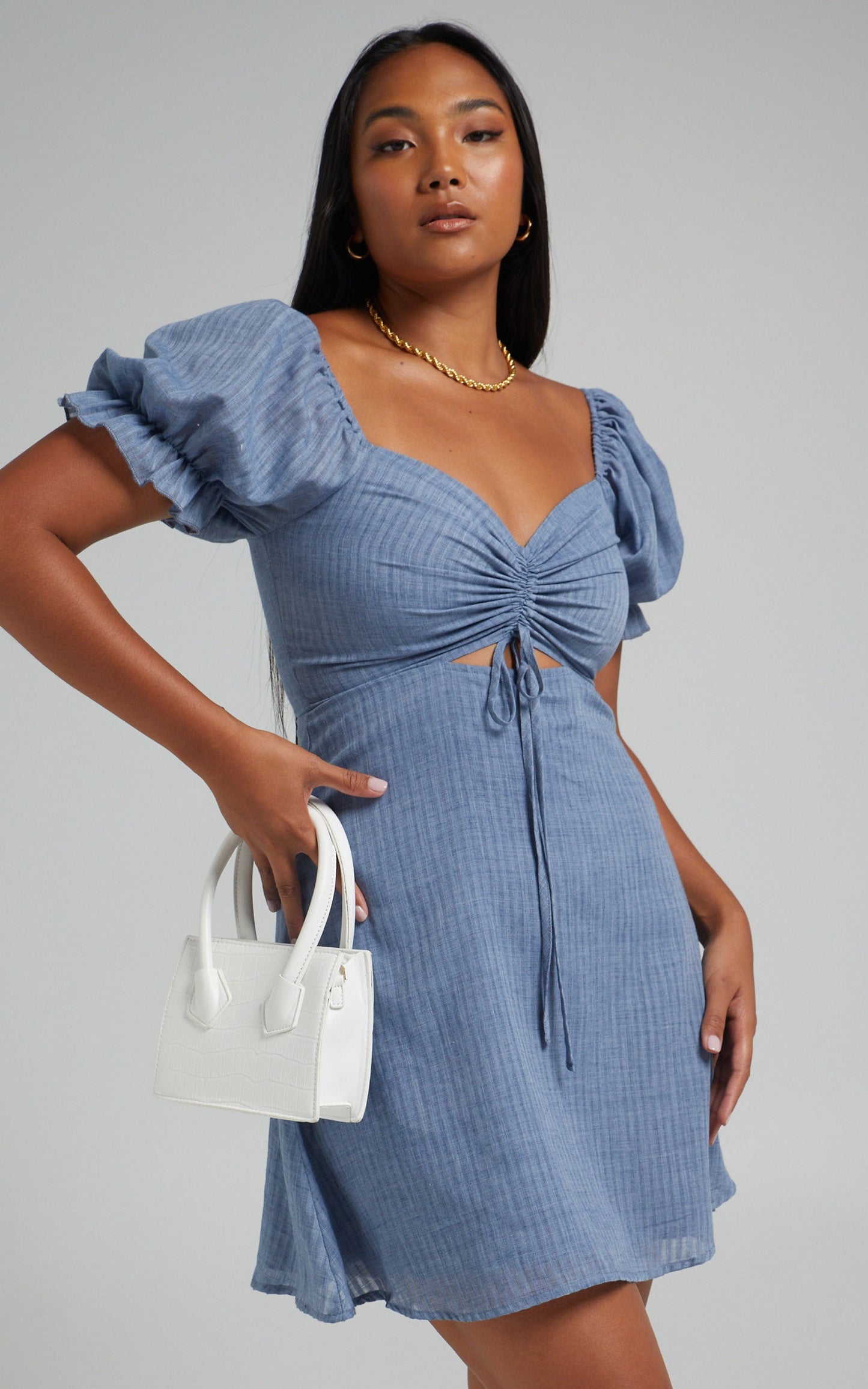Soft Mention Mini Dress - Puff Sleeve Dress in Navy