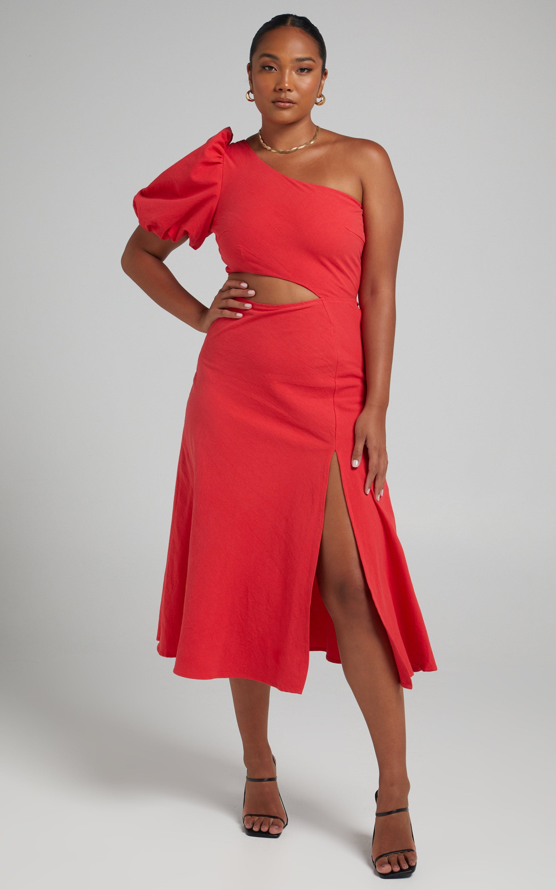 Marcia Midi Dress - One Shoulder Dress with Side Cut Out in Red