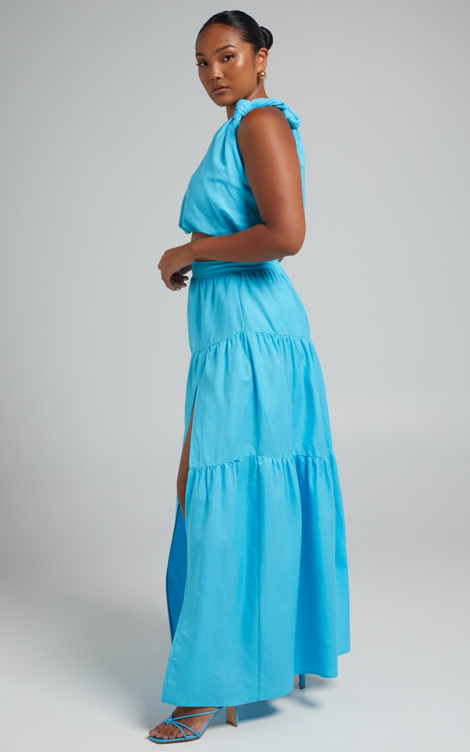 Aerilyn Two Piece Set - Linen One Shoulder Crop Top and Midi Skirt Set in Blue