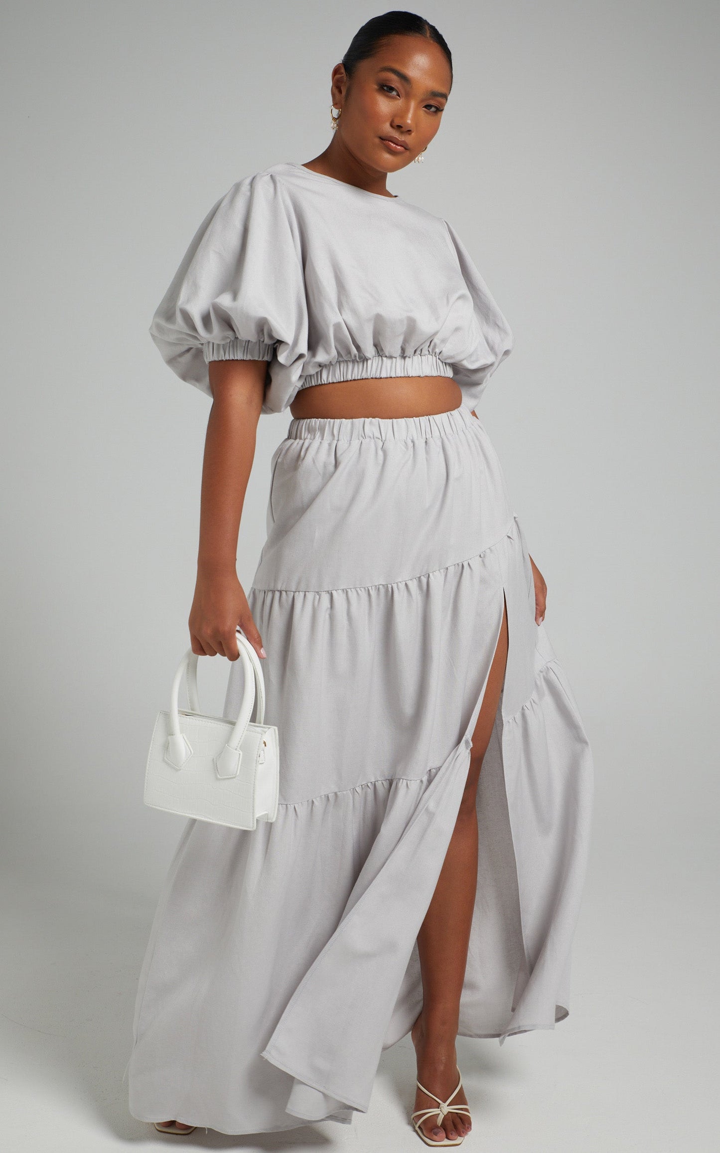 Astrid Two Piece Set - Linen Long Sleeve Top and Thigh Split Midi Skirt Set in Icy Grey