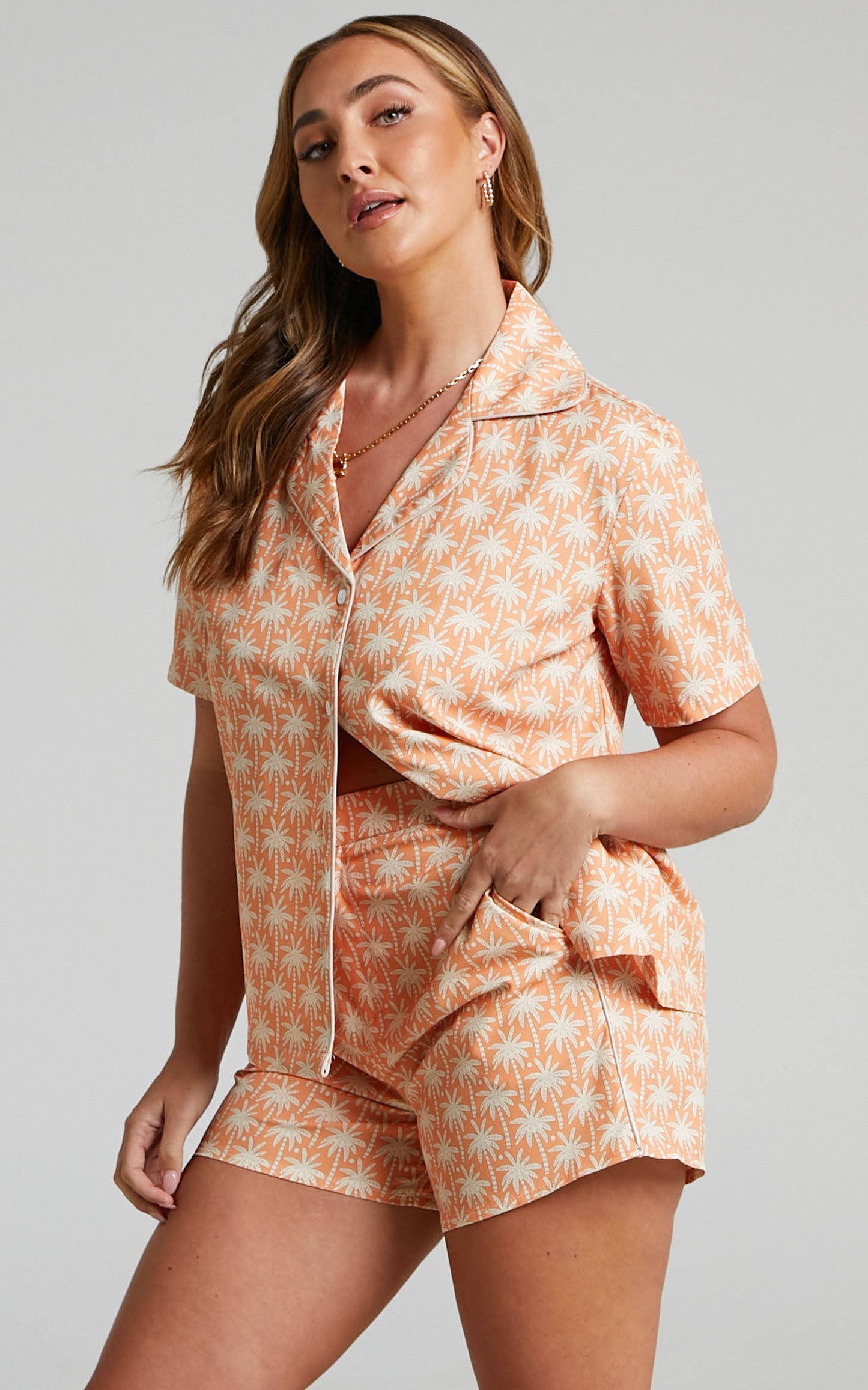 Reegan Collared Shirt and Shorts Two Piece Set in Orange