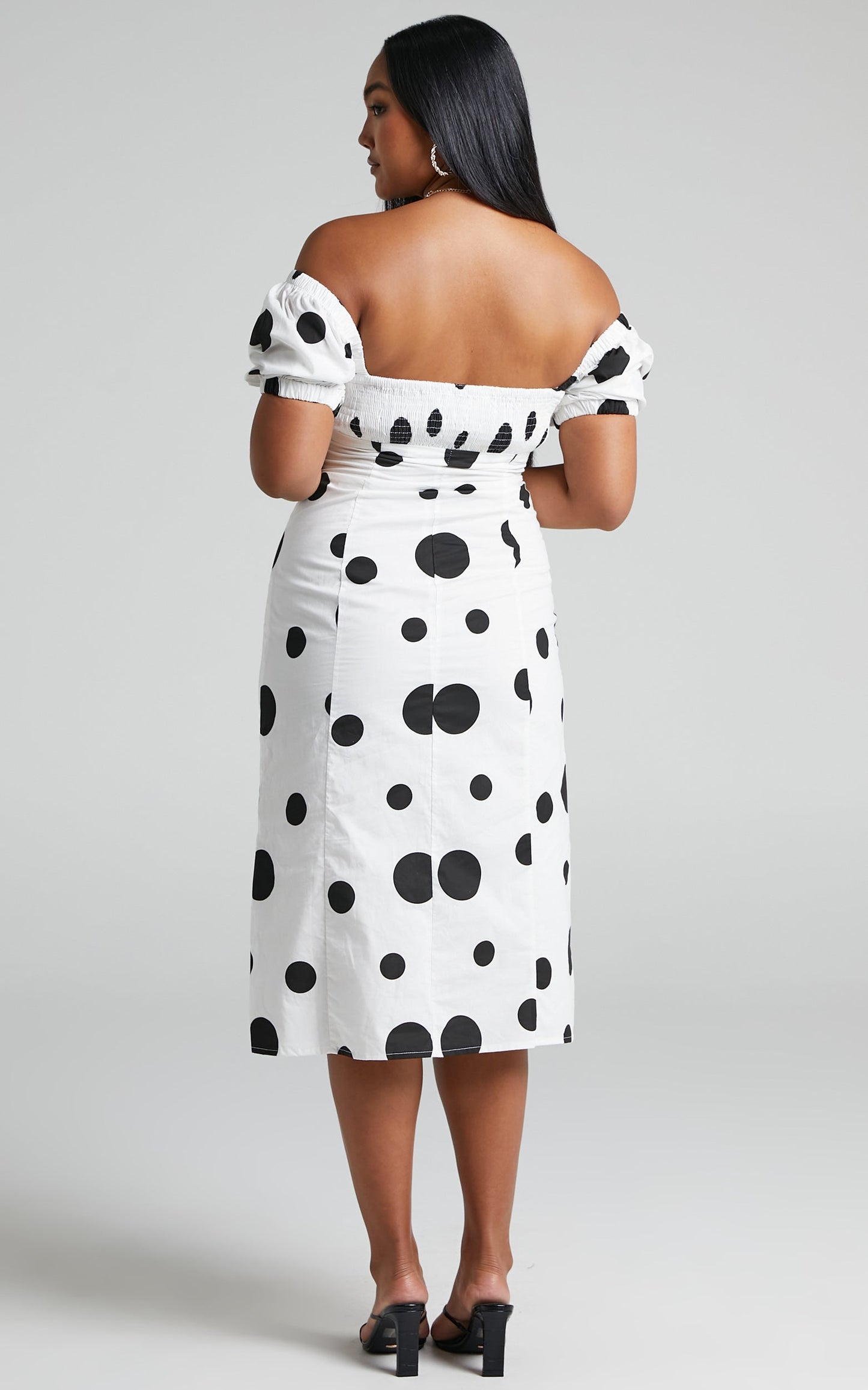 Roybeth Midi Dress - Linen Look Tie Bust Button Front Puff Sleeve Midi Dress in Black Spot