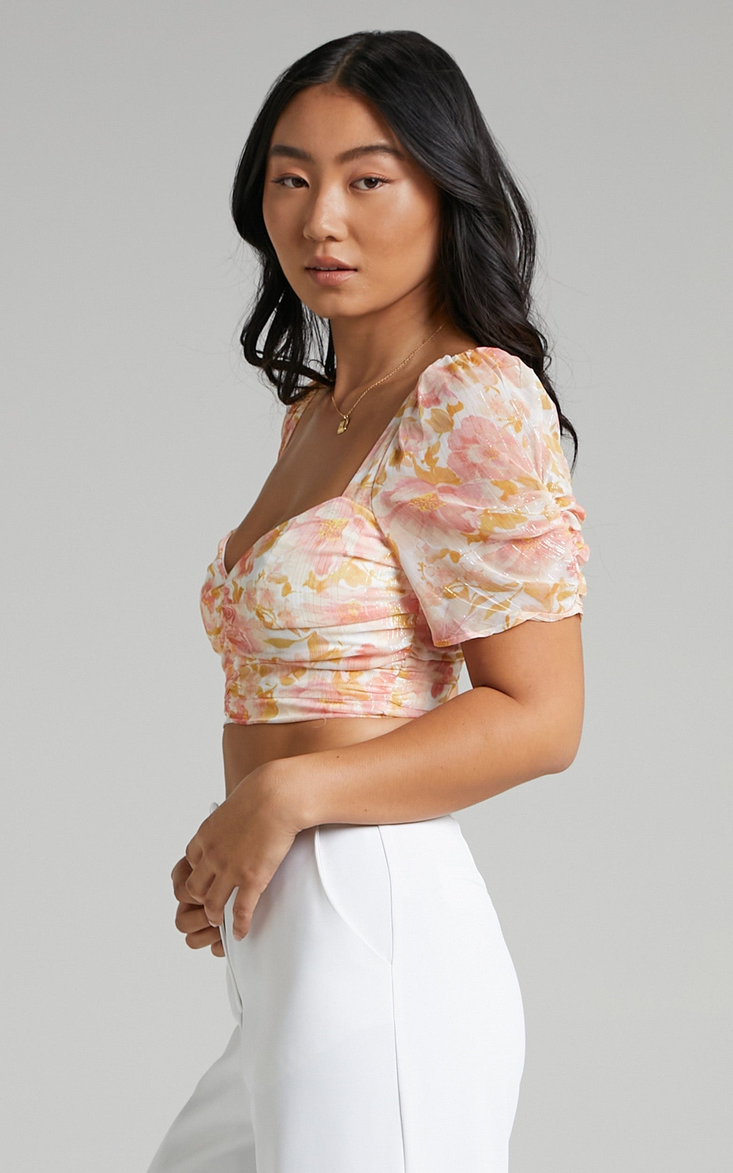 Shenea Sweetheart Puff Sleeve Crop Top in Sunset Floral