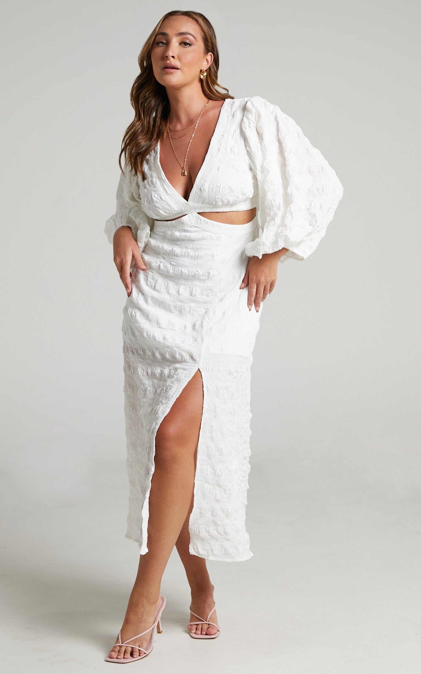 Tabatha Midi Dress - Puff Sleeve Cut Out Dress in White Check